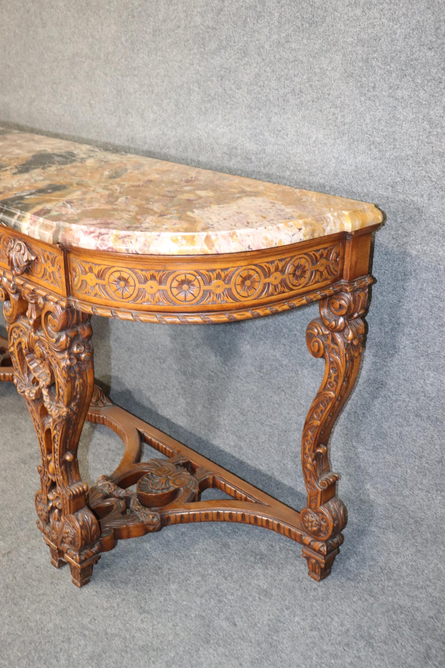 Massive Breccia Vendome Marble Top French Louis XIV Style Walnut Sideboard