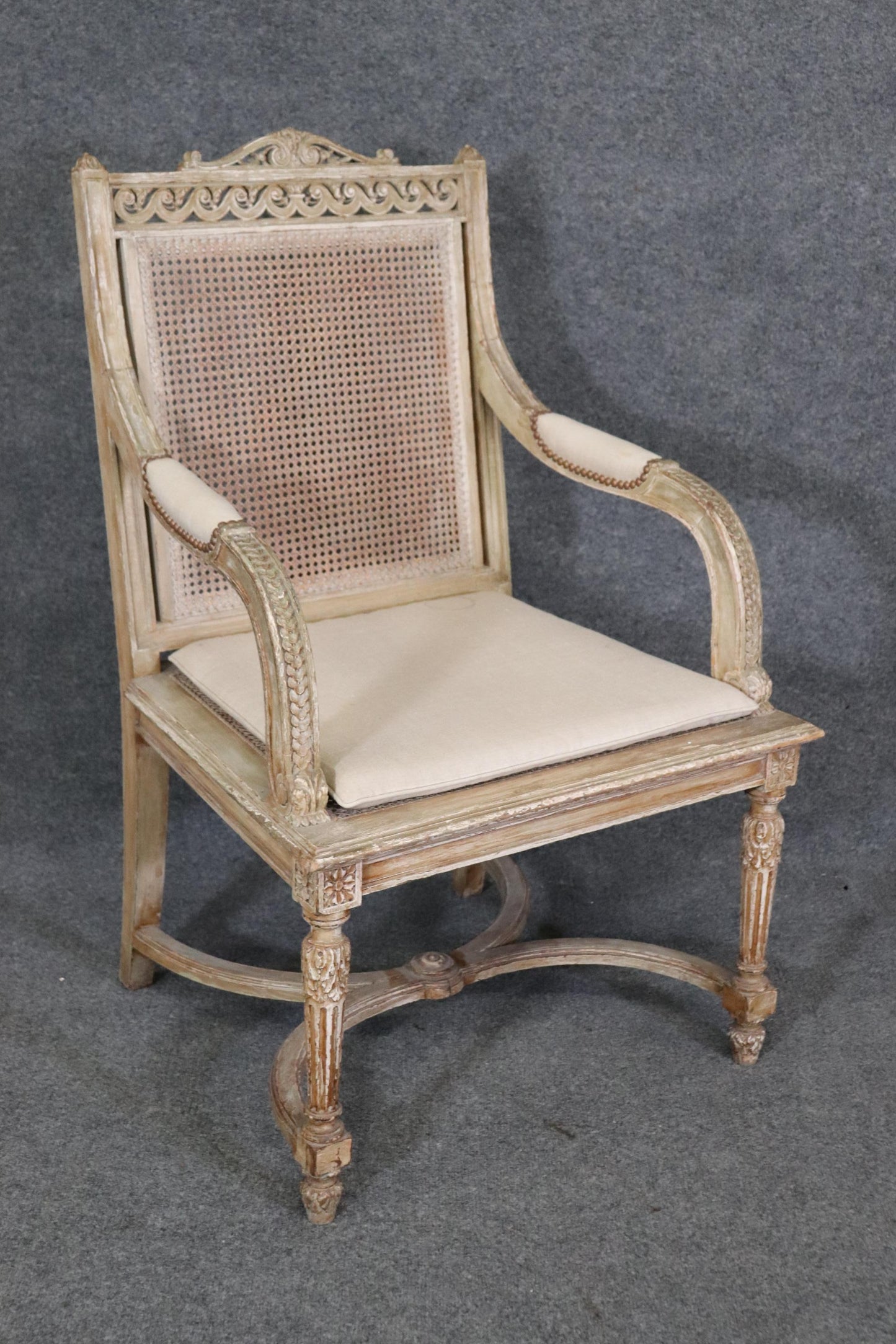 Pair of Cane Back Antique White Paint Decorated Louis XVI Style Armchairs Dini