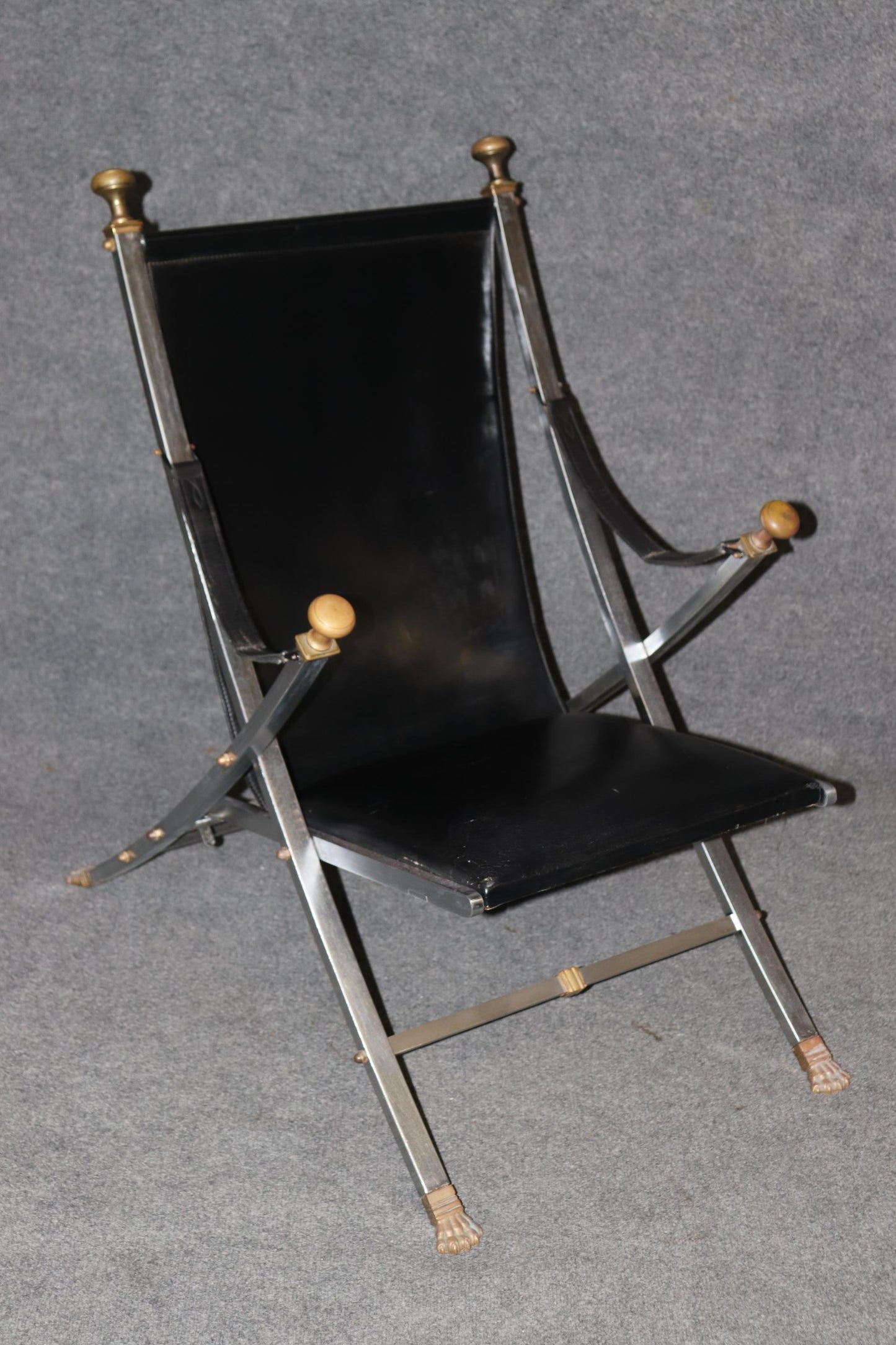 Pair of Maison Jansen Brass and Steel Paw Footed Campaign Chairs