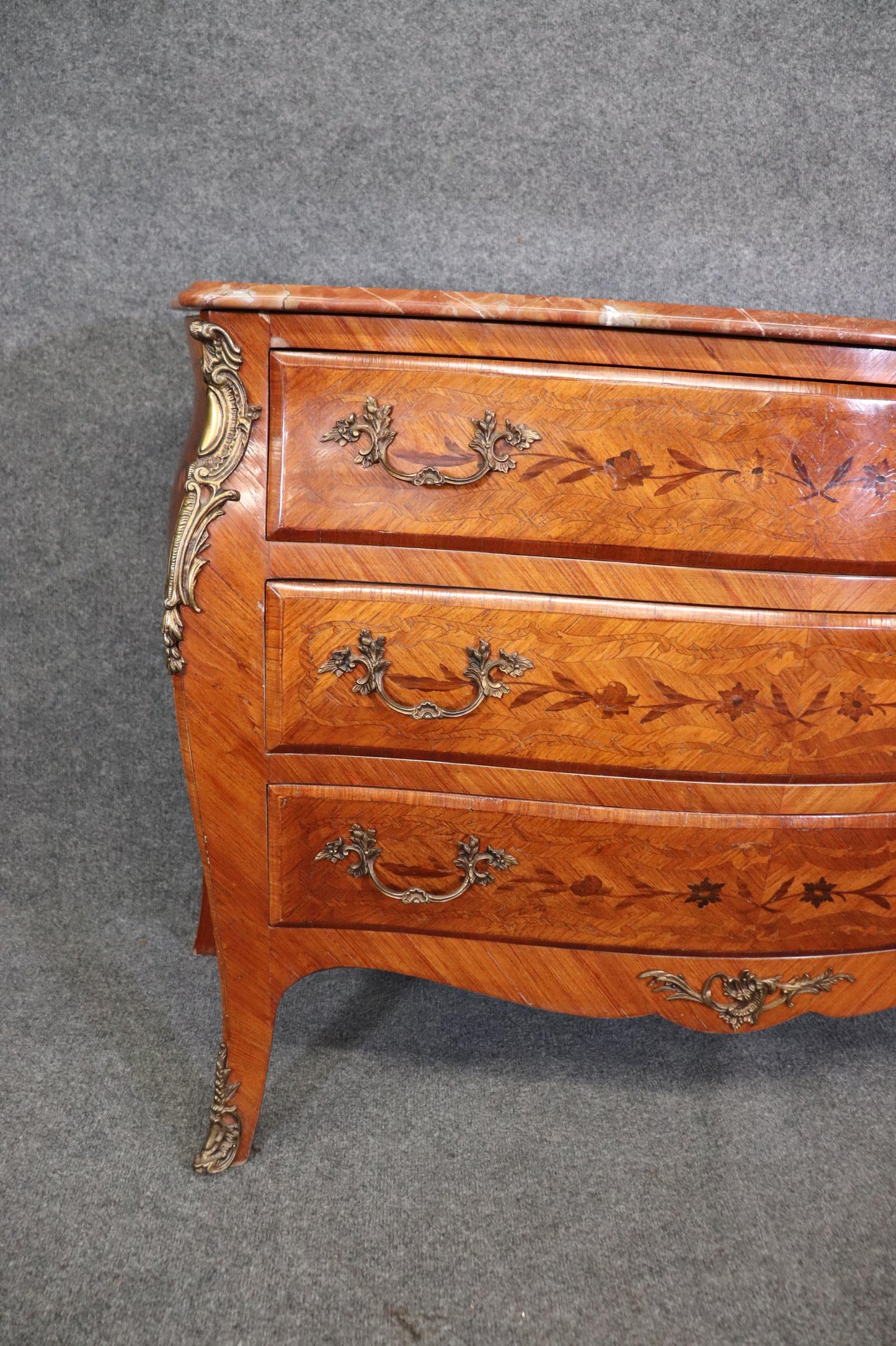 Fine Quality Three Drawer French Louis XV Marble Top Commode