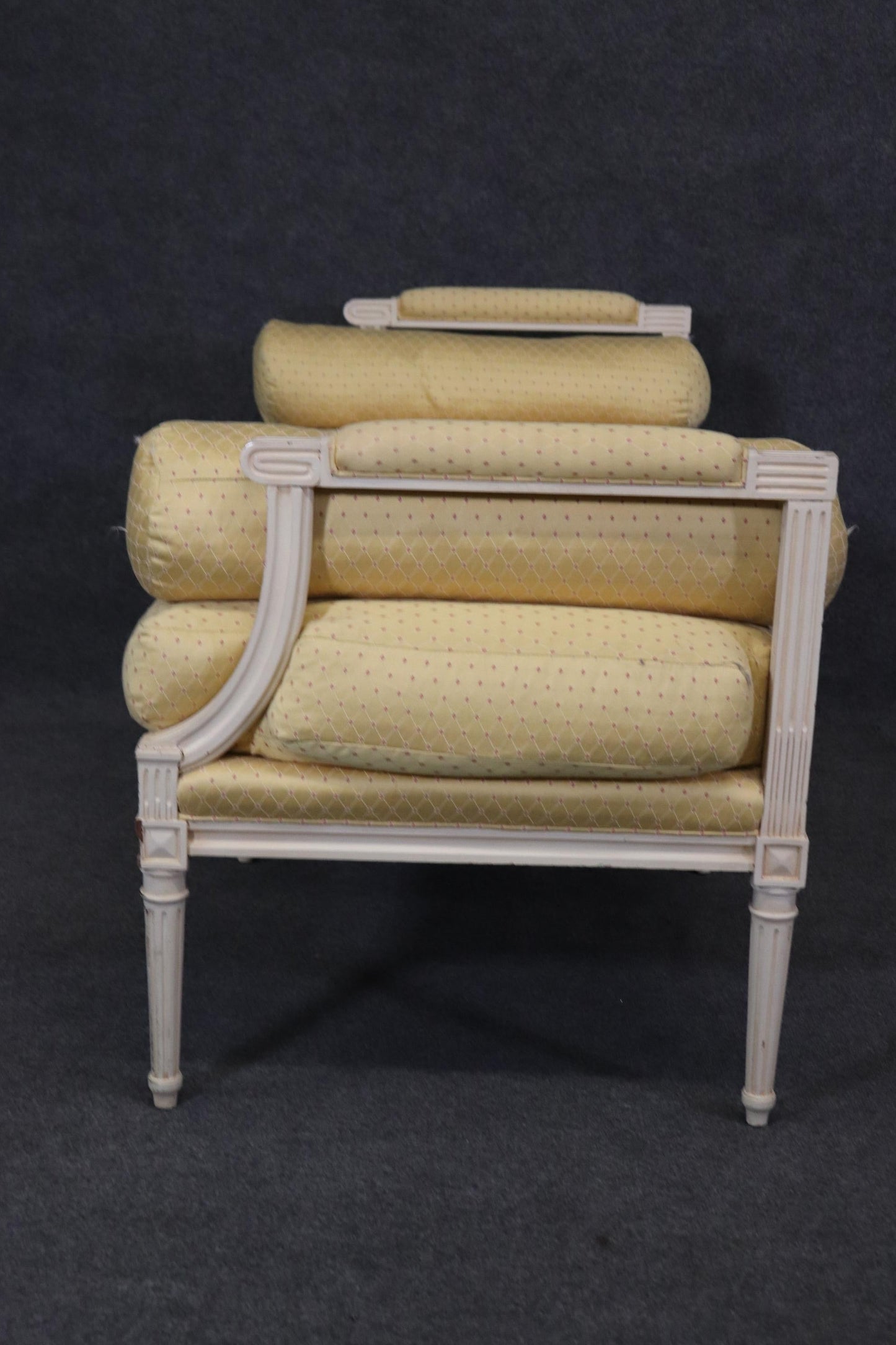 Superb Yellow Upholstered White Painted  French Louis XVI Style Window Bench