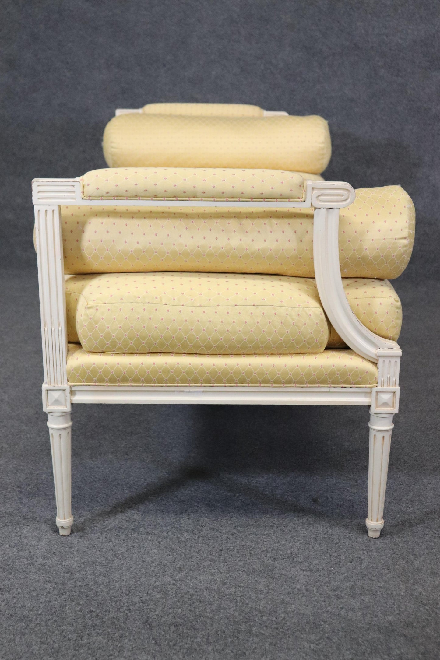 Superb Yellow Upholstered White Painted  French Louis XVI Style Window Bench