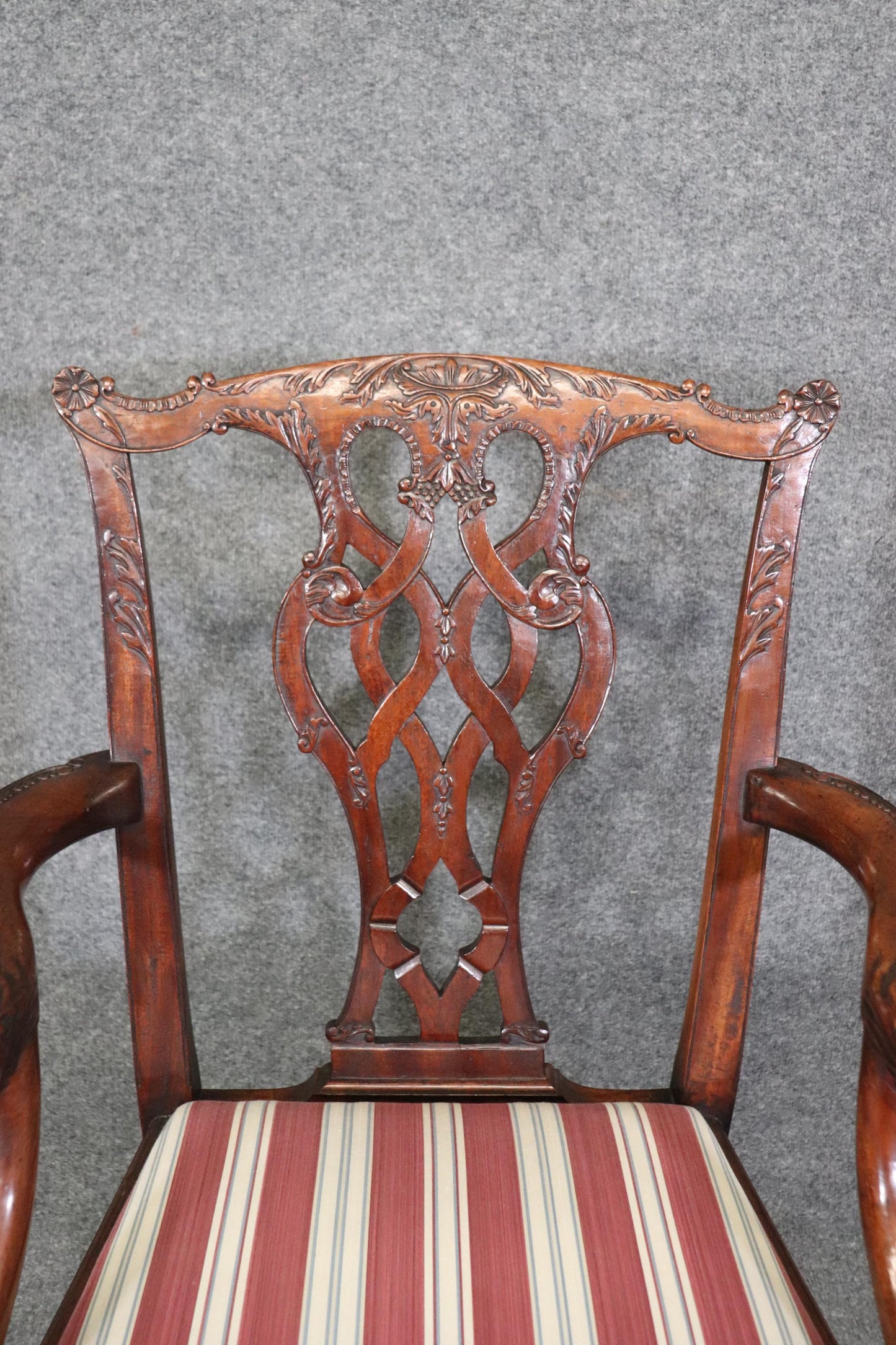 Set of 10 Carved Mahogany Chippendale Dining Chairs Dragon Face Arm Terminals