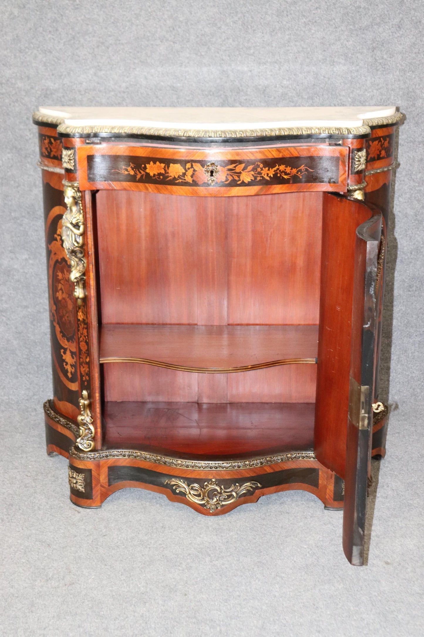 Gorgeous Figural Bronze Mounted Marble Top Napoleonic Inlaid Cabinet Commode