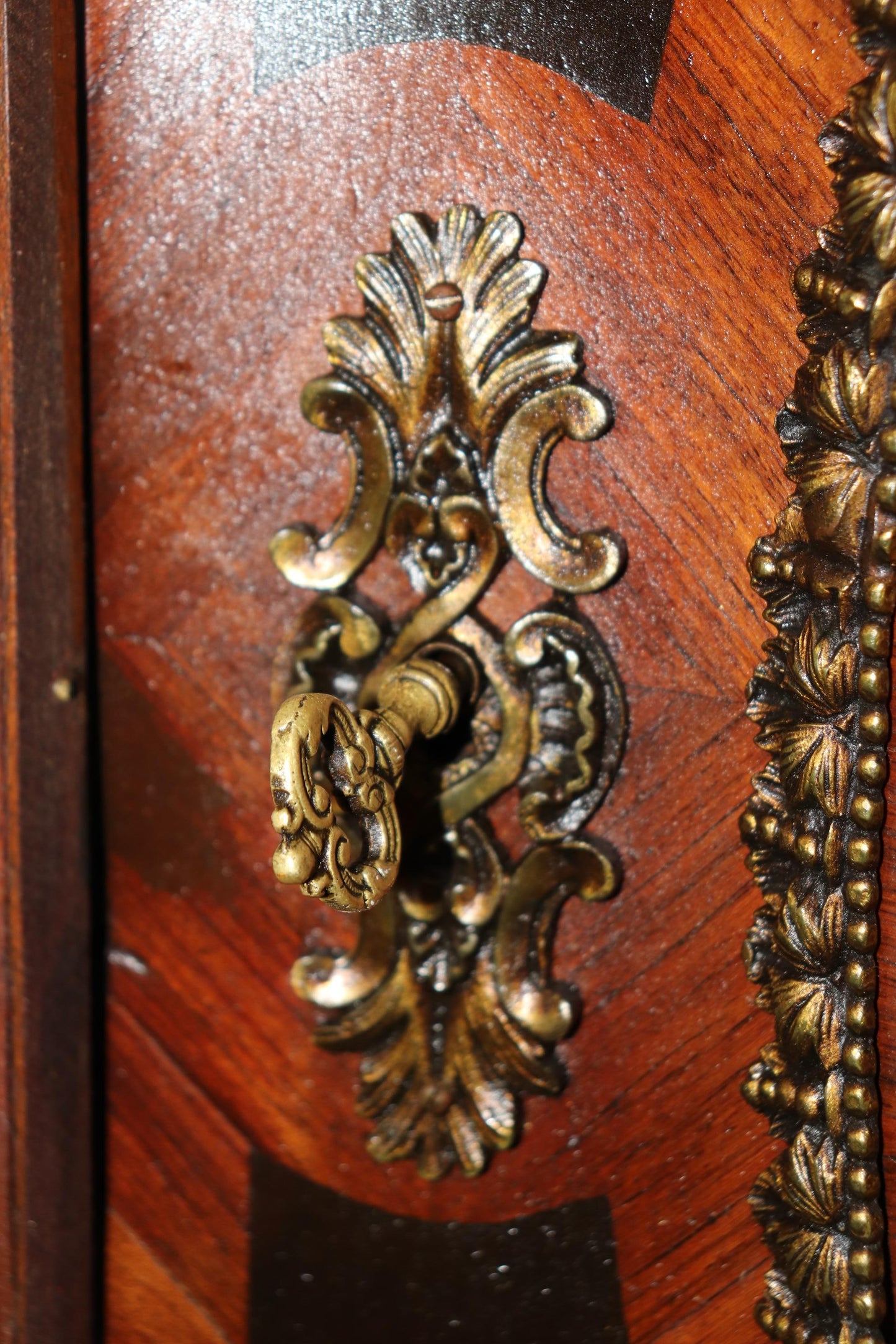 Gorgeous Figural Bronze Mounted Marble Top Napoleonic Inlaid Cabinet Commode