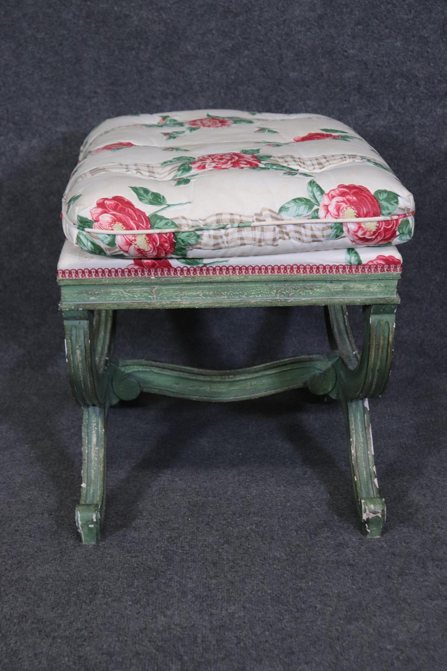 Gorgeous Green Painted decorated Upholstered Cerule Style Regency Bench Stool