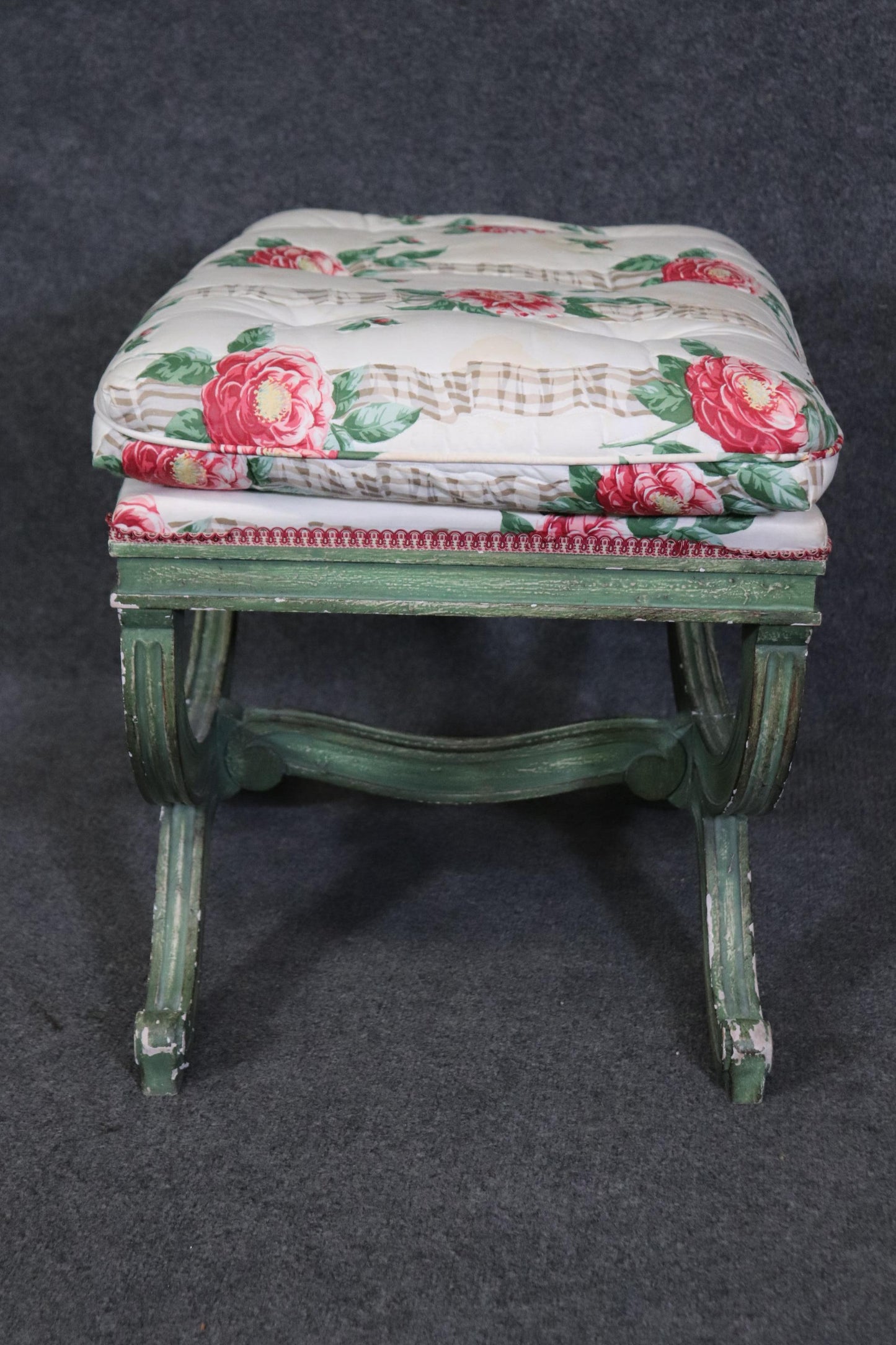 Gorgeous Green Painted decorated Upholstered Cerule Style Regency Bench Stool