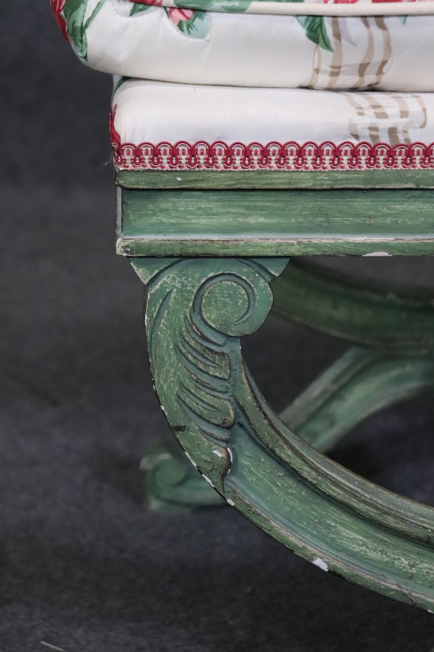 Gorgeous Green Painted decorated Upholstered Cerule Style Regency Bench Stool