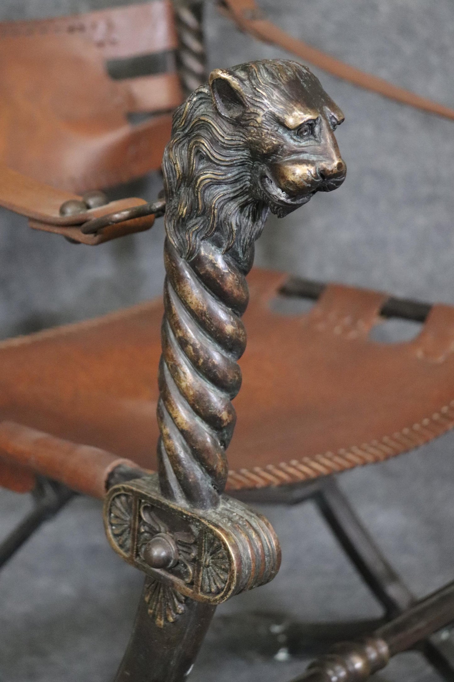 Fantastic Bronze and Leather Lion Head Savonarolla Chair