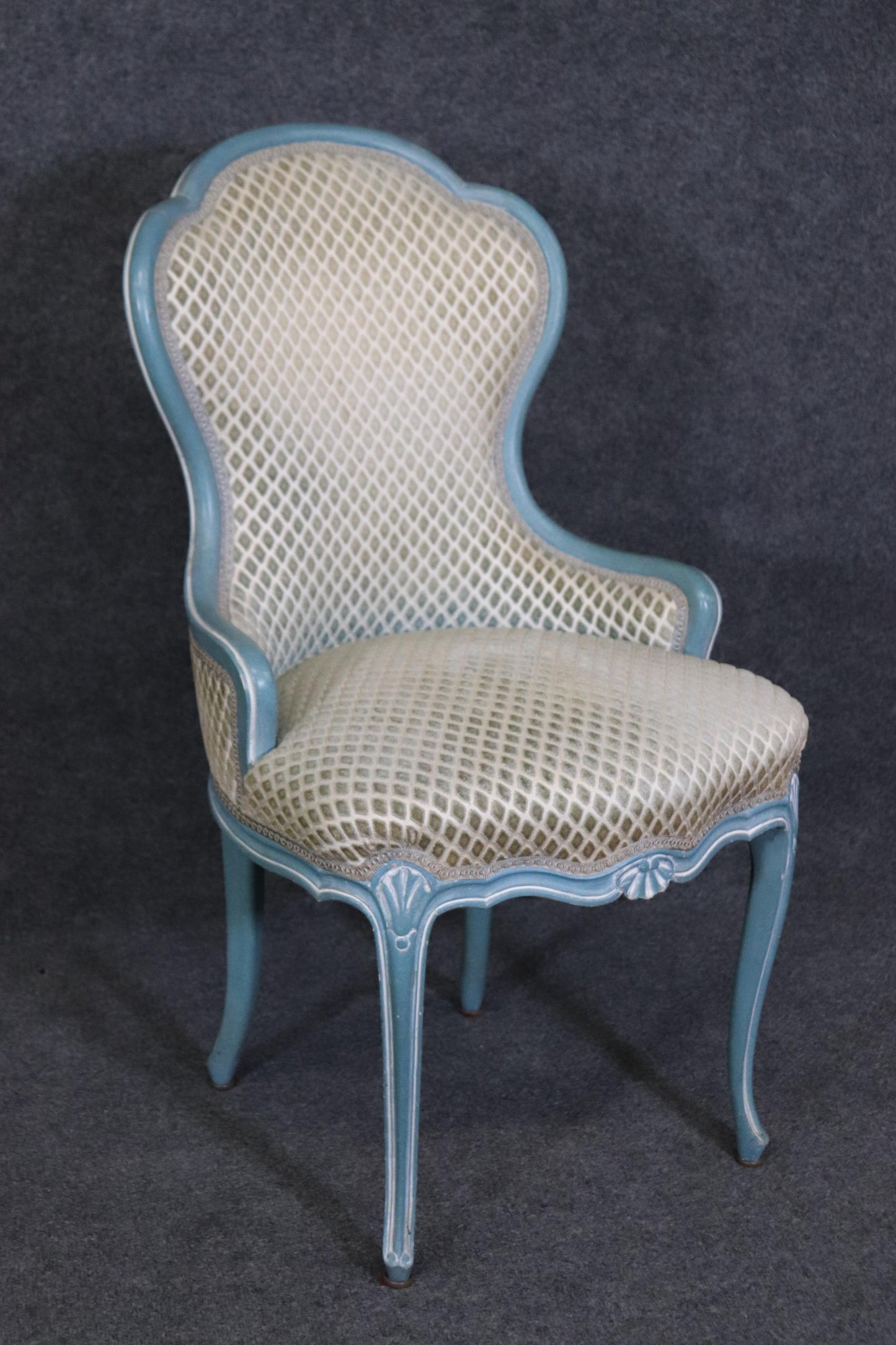 Gorgeous Pair of French Blue and White Painted Louis XV Parlor Boudoir Chairs