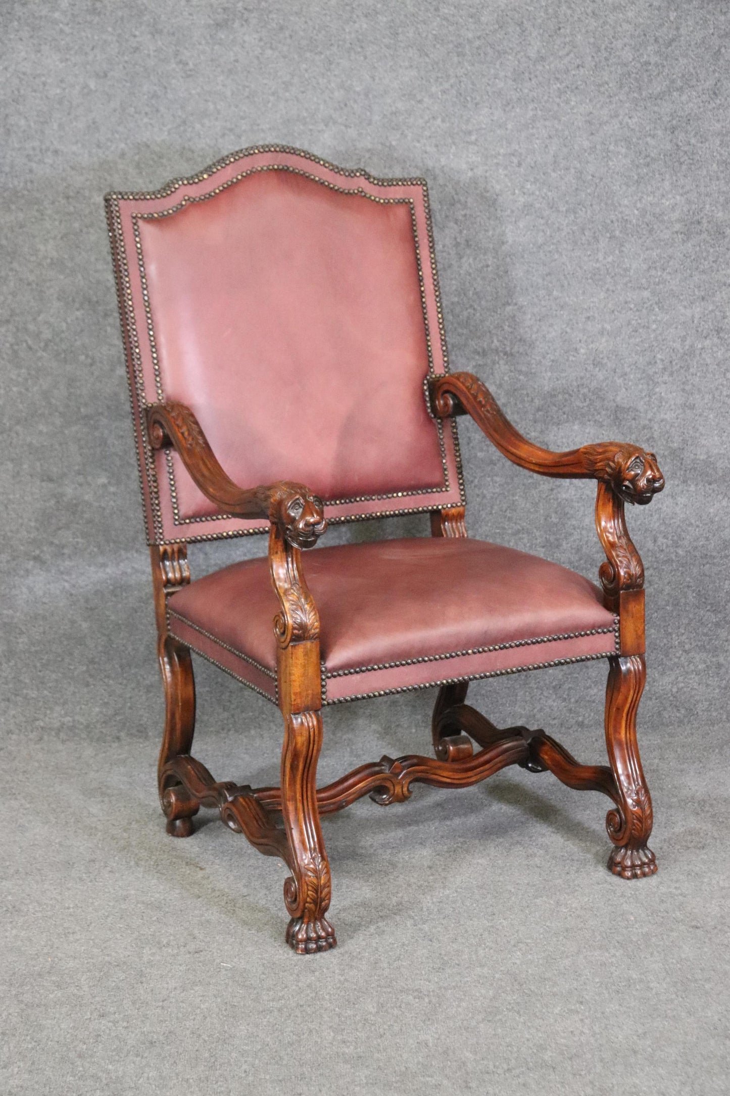 Superb Double Nail Head Trimmed Leather Carved Lion Head Throne Arm Chair