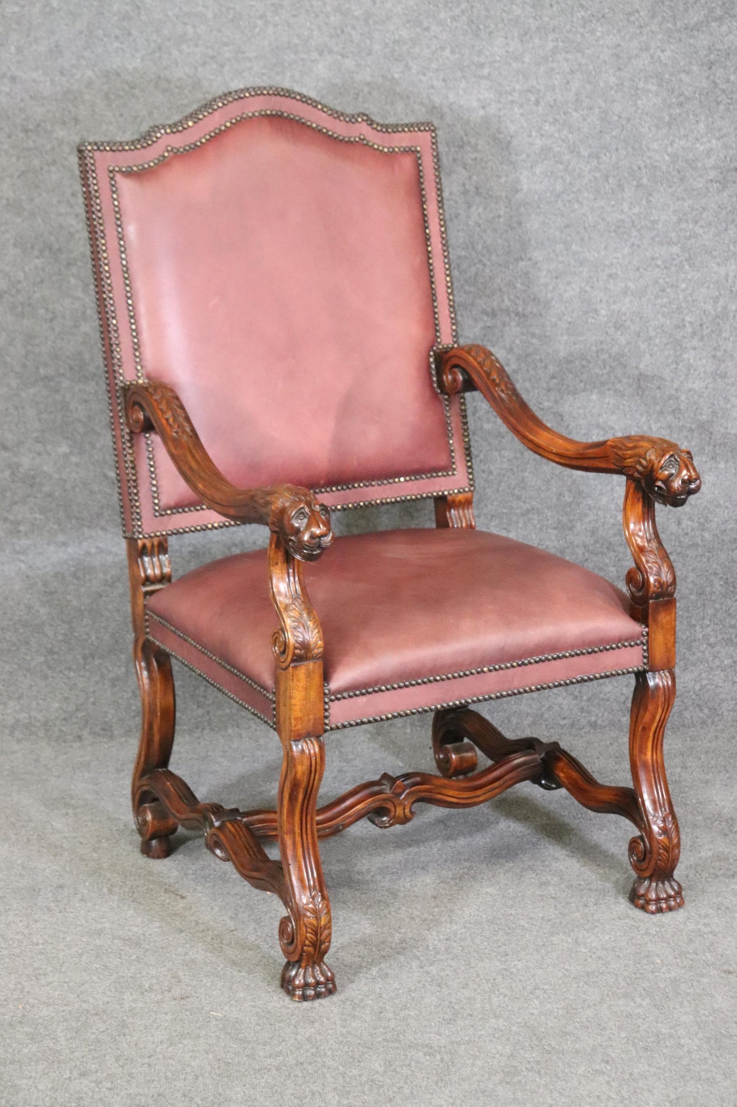 Superb Double Nail Head Trimmed Leather Carved Lion Head Throne Arm Chair