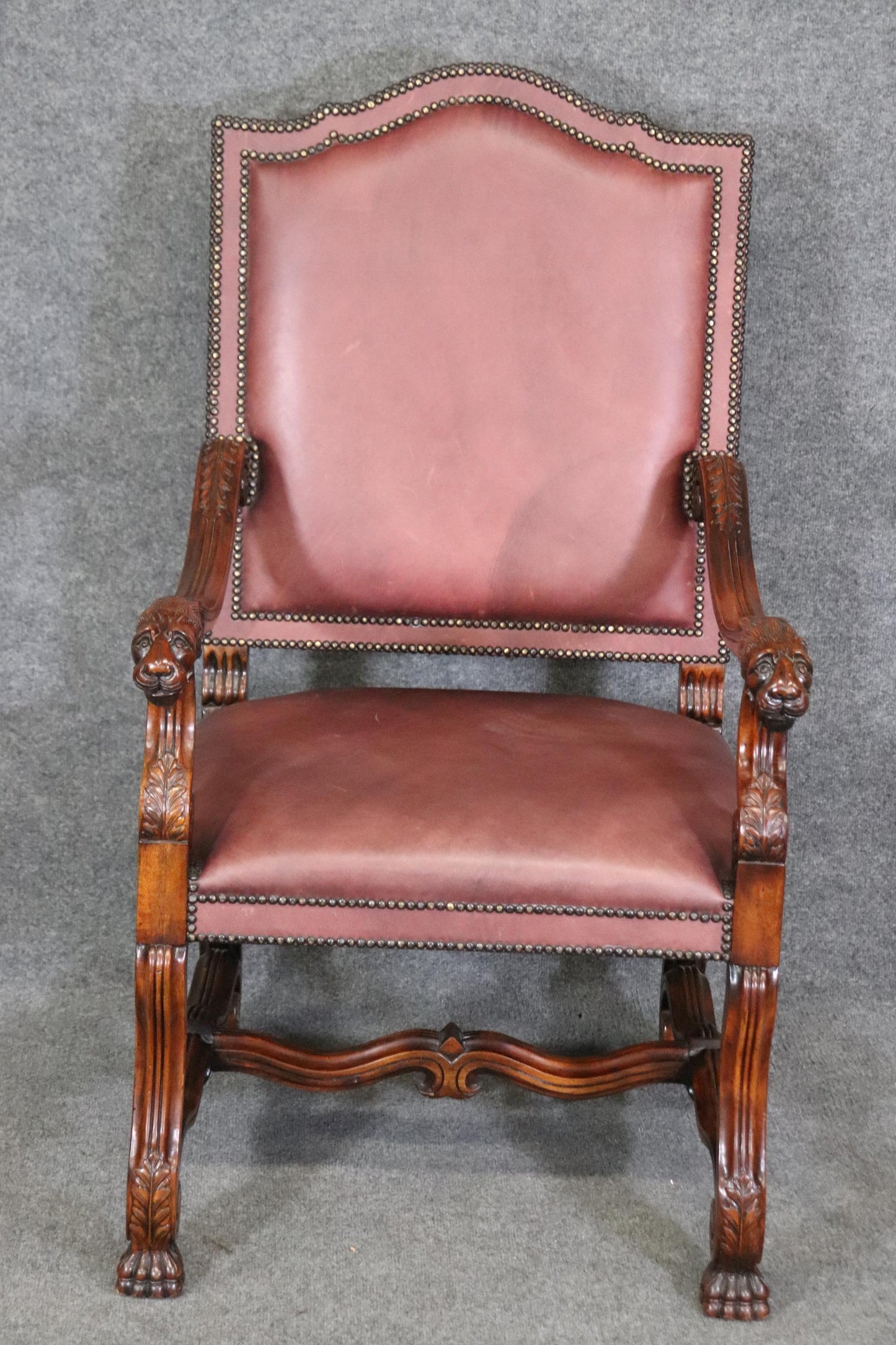 Superb Double Nail Head Trimmed Leather Carved Lion Head Throne Arm Chair