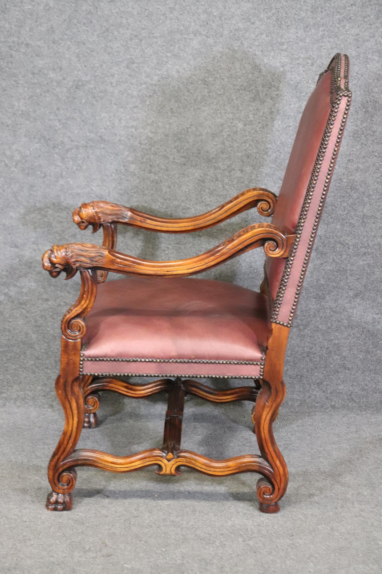 Superb Double Nail Head Trimmed Leather Carved Lion Head Throne Arm Chair