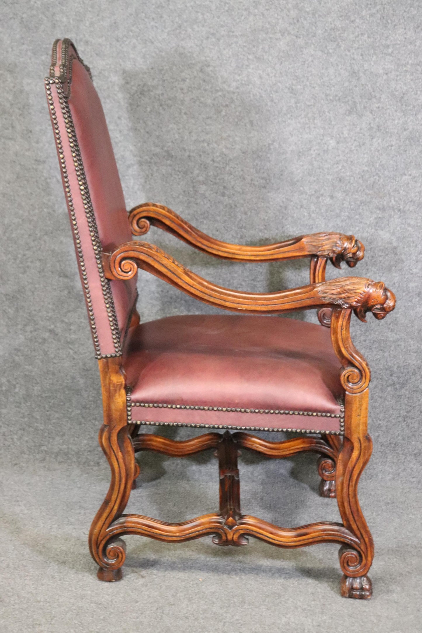 Superb Double Nail Head Trimmed Leather Carved Lion Head Throne Arm Chair