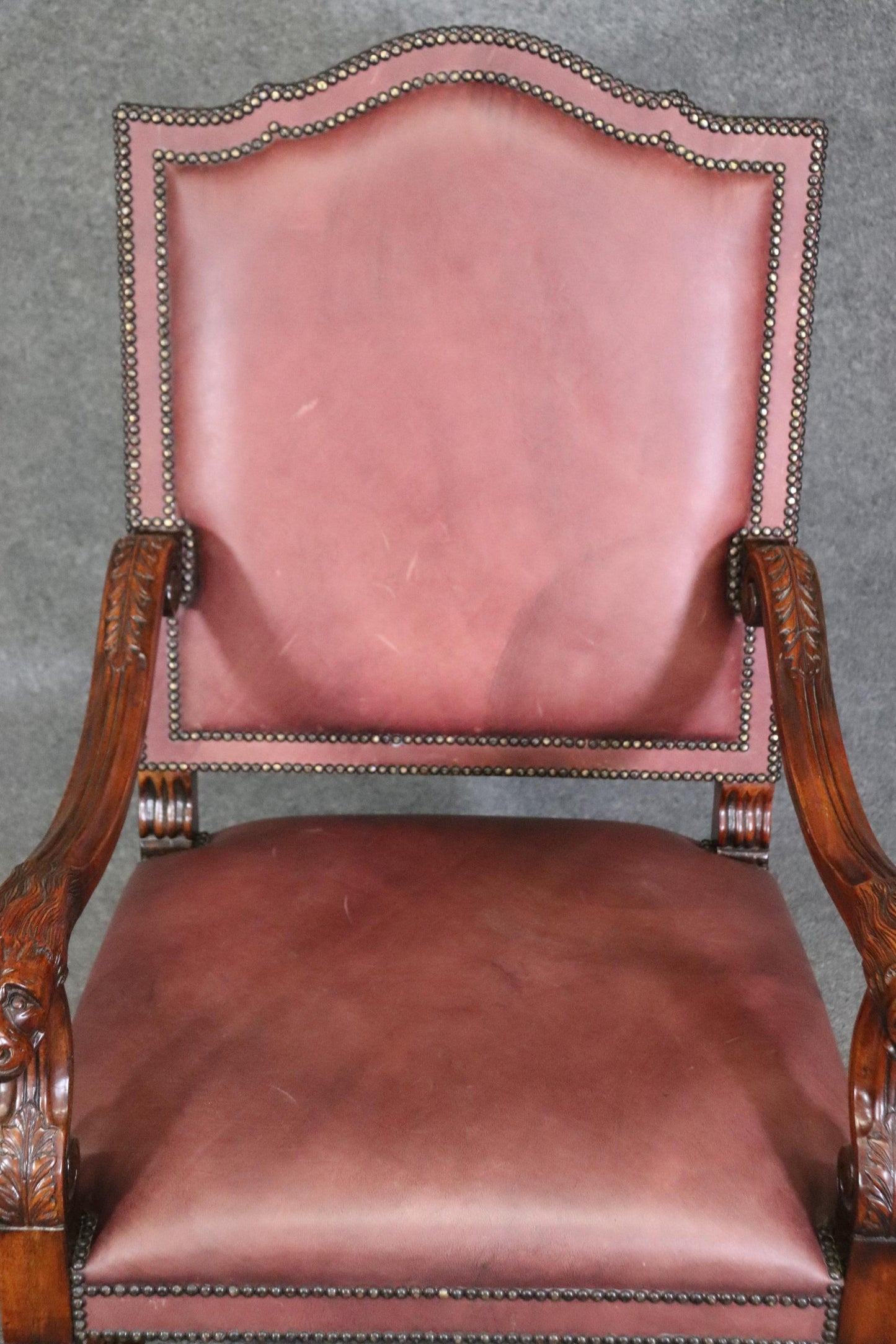 Superb Double Nail Head Trimmed Leather Carved Lion Head Throne Arm Chair