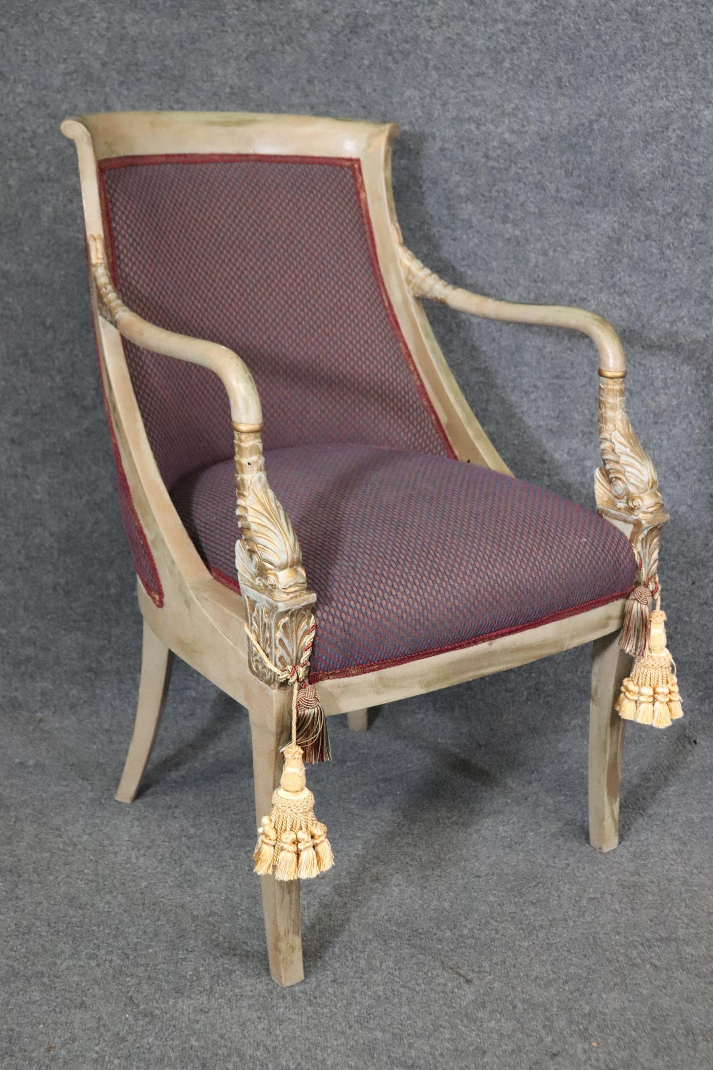 Pair of Paint Decorated and Gilded Dolphin Head Neoclassical Bergere Chairs