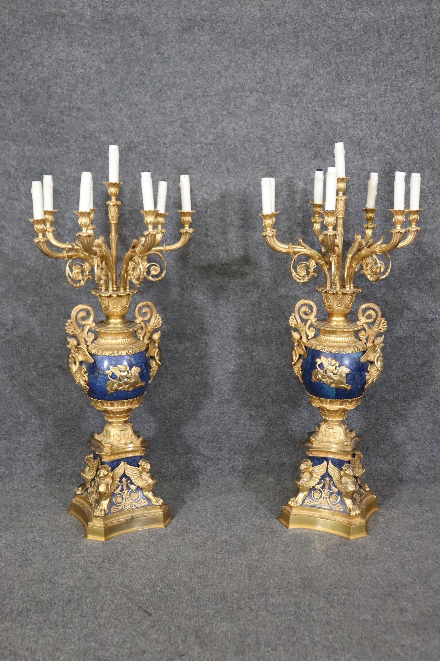 Late 19th Century French Belle Epoque Dore' Bronze and Lapis Lazuli Candelabra