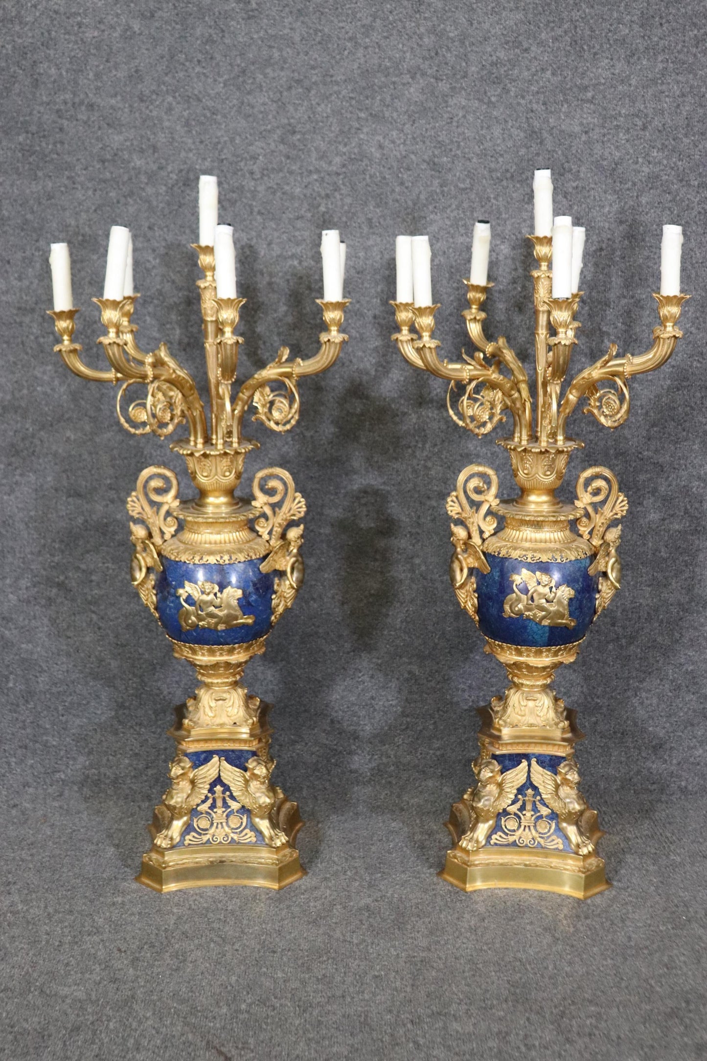 Late 19th Century French Belle Epoque Dore' Bronze and Lapis Lazuli Candelabra