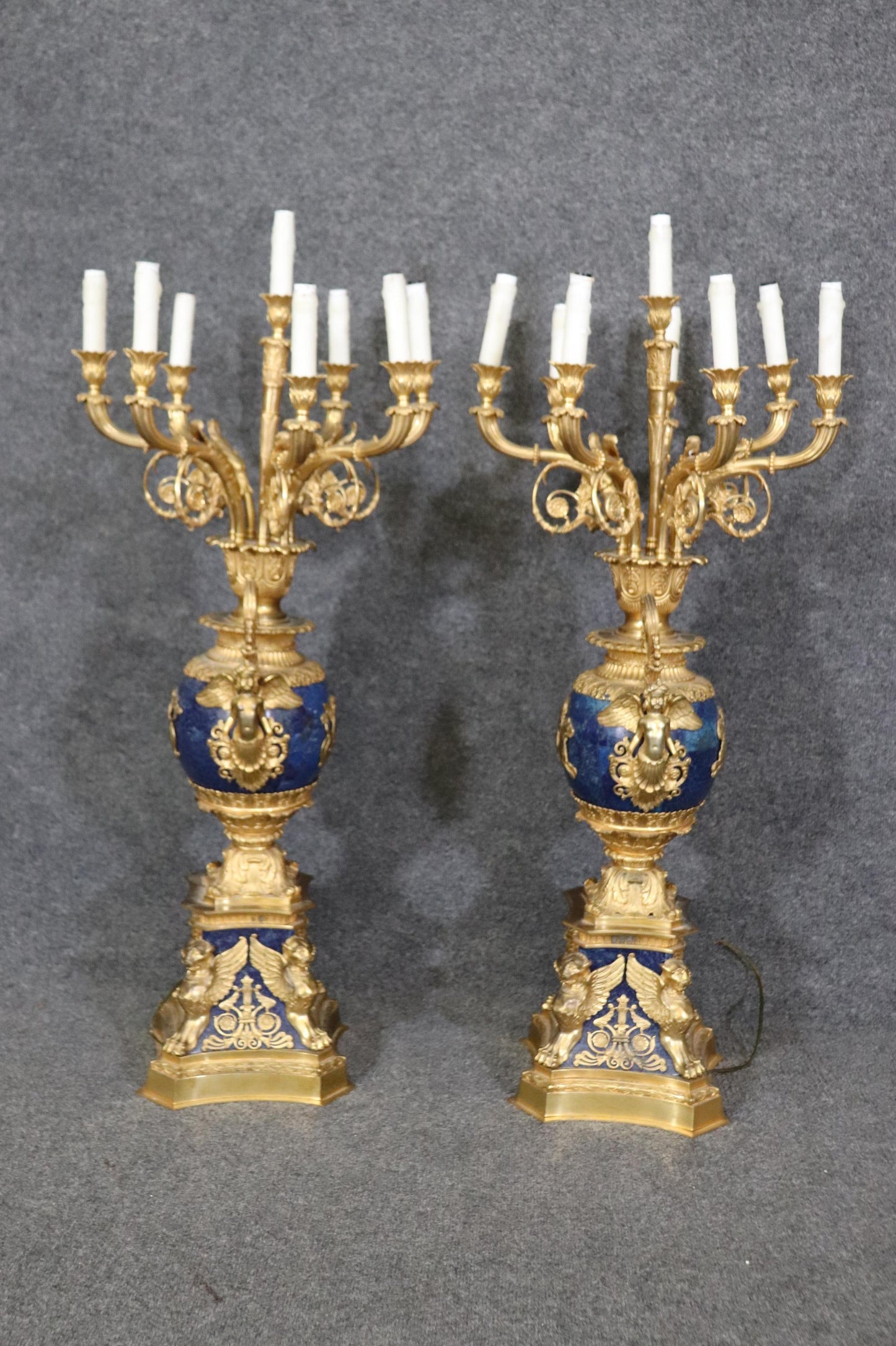 Late 19th Century French Belle Epoque Dore' Bronze and Lapis Lazuli Candelabra