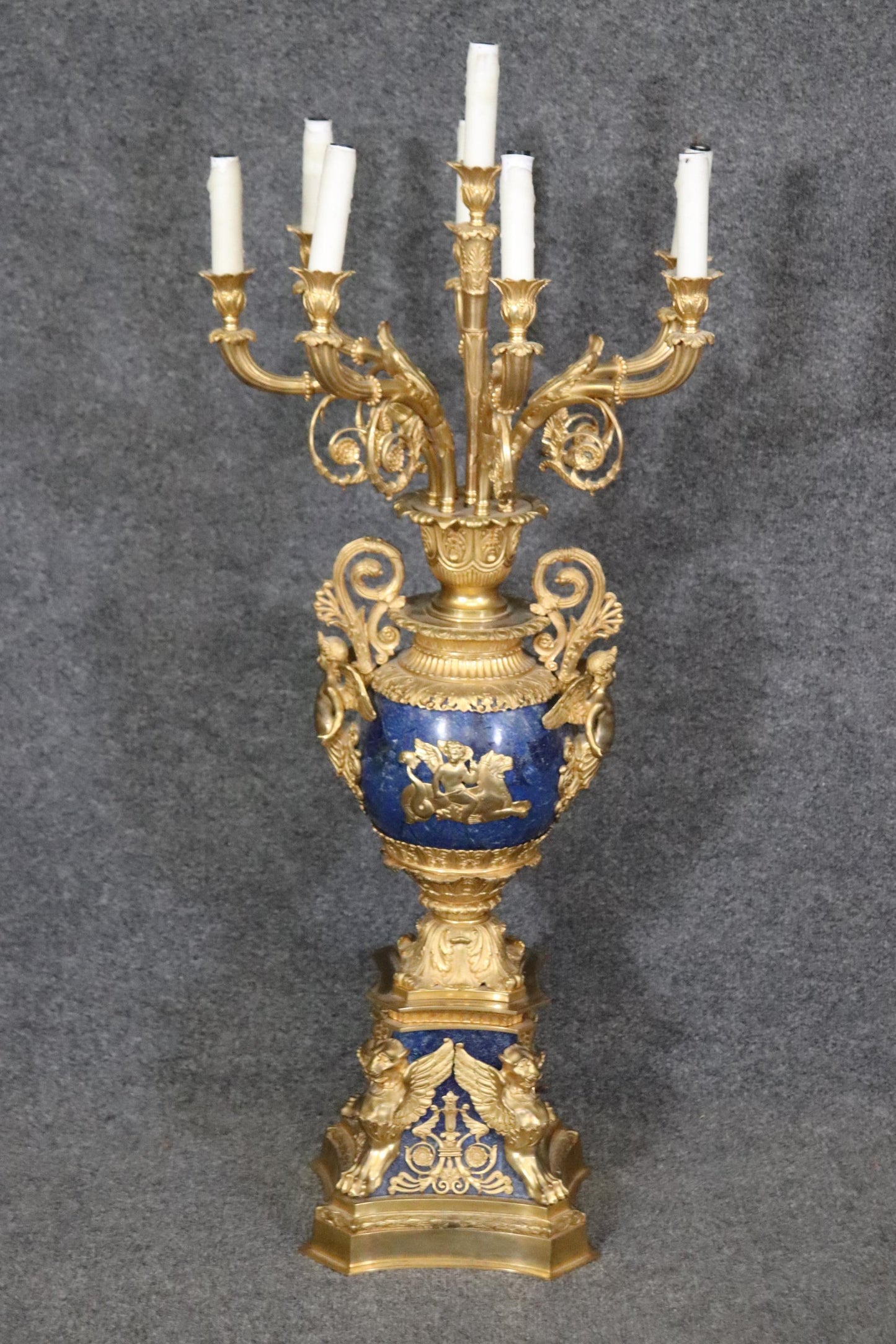 Late 19th Century French Belle Epoque Dore' Bronze and Lapis Lazuli Candelabra