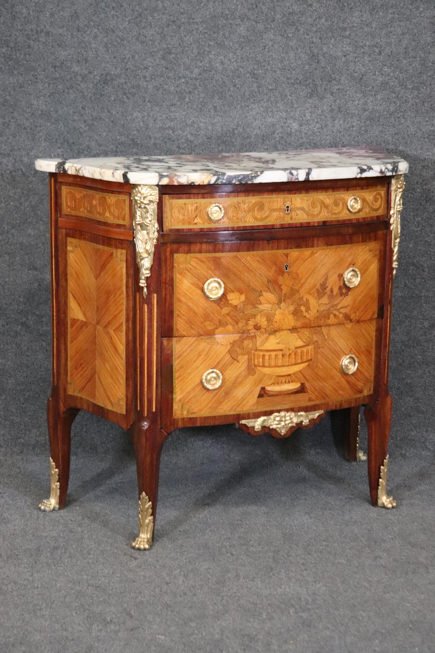 Museum Quality Restored 19th Century Inlaid Marble Top Louis XV Bronze Commode