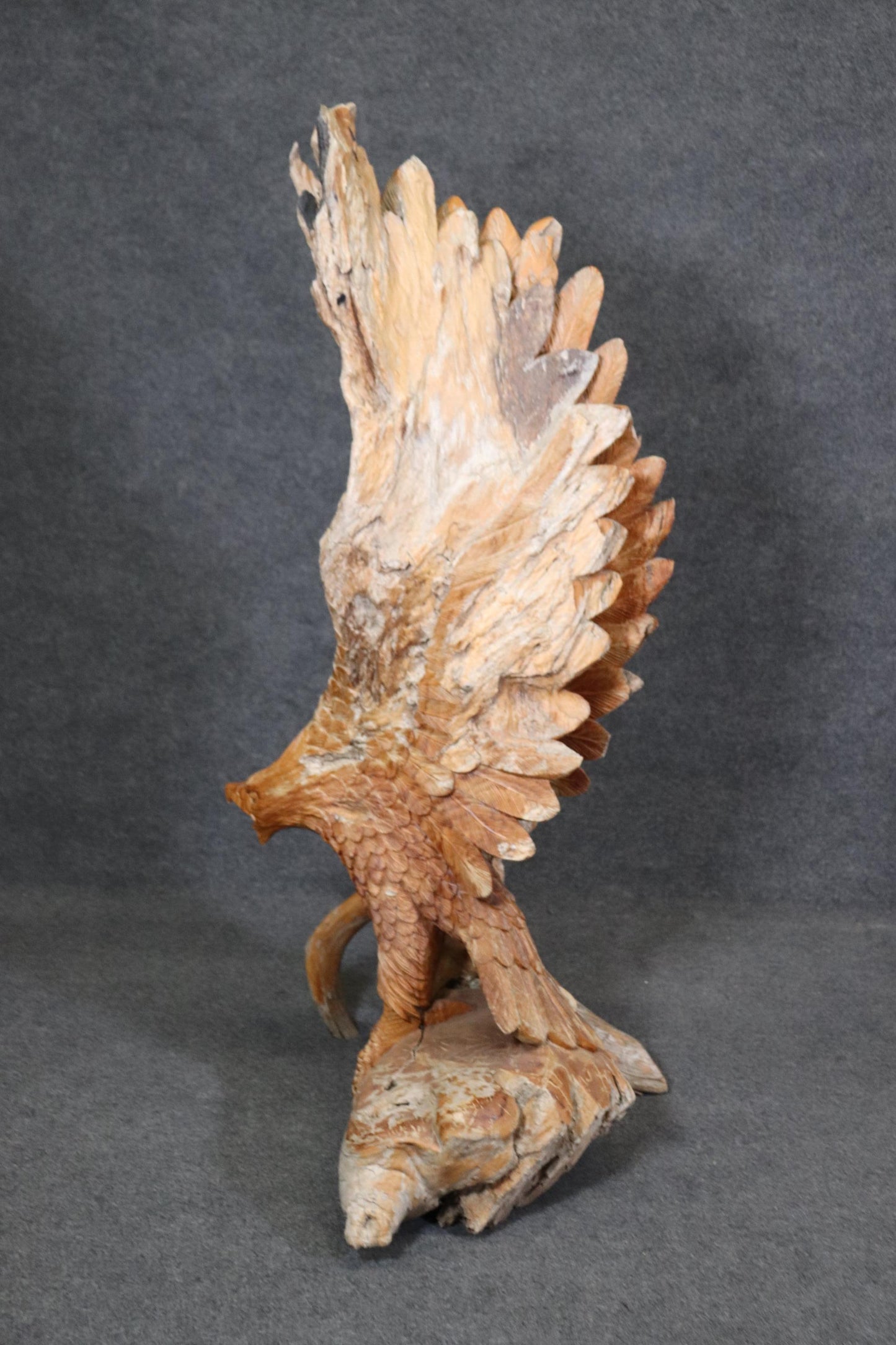 Monumental Hand-Carved Walnut American Sculpture of a Bald Eagle Landing on Tree