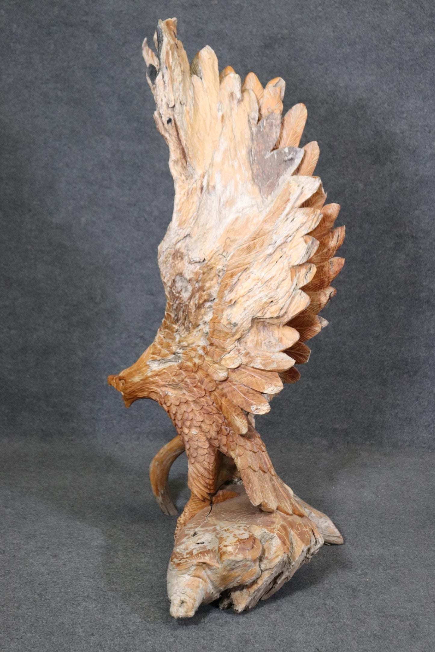 Monumental Hand-Carved Walnut American Sculpture of a Bald Eagle Landing on Tree