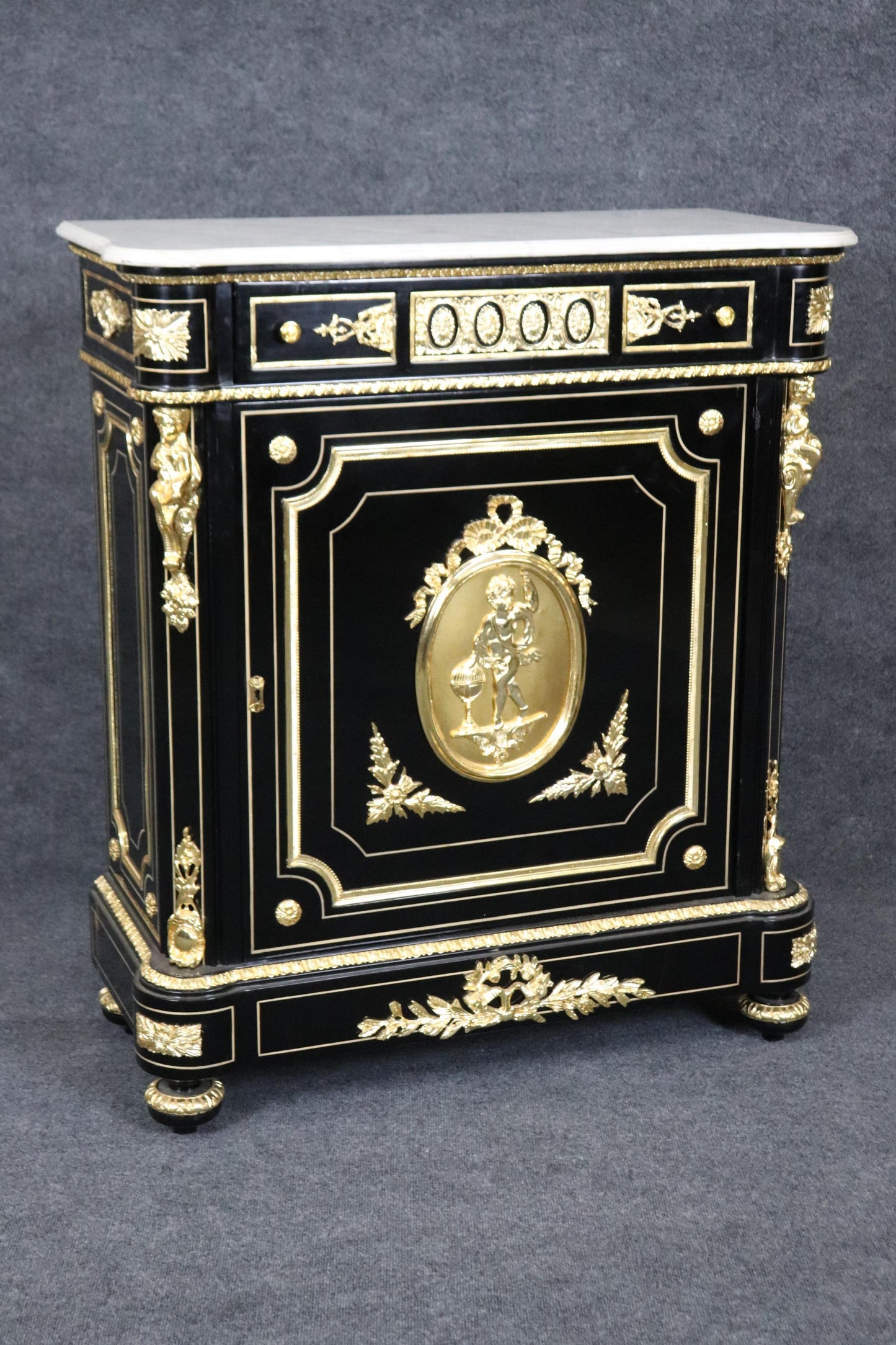 Ebonized Figural Brass Marble Top Napoleonic Side Cabinet Commode