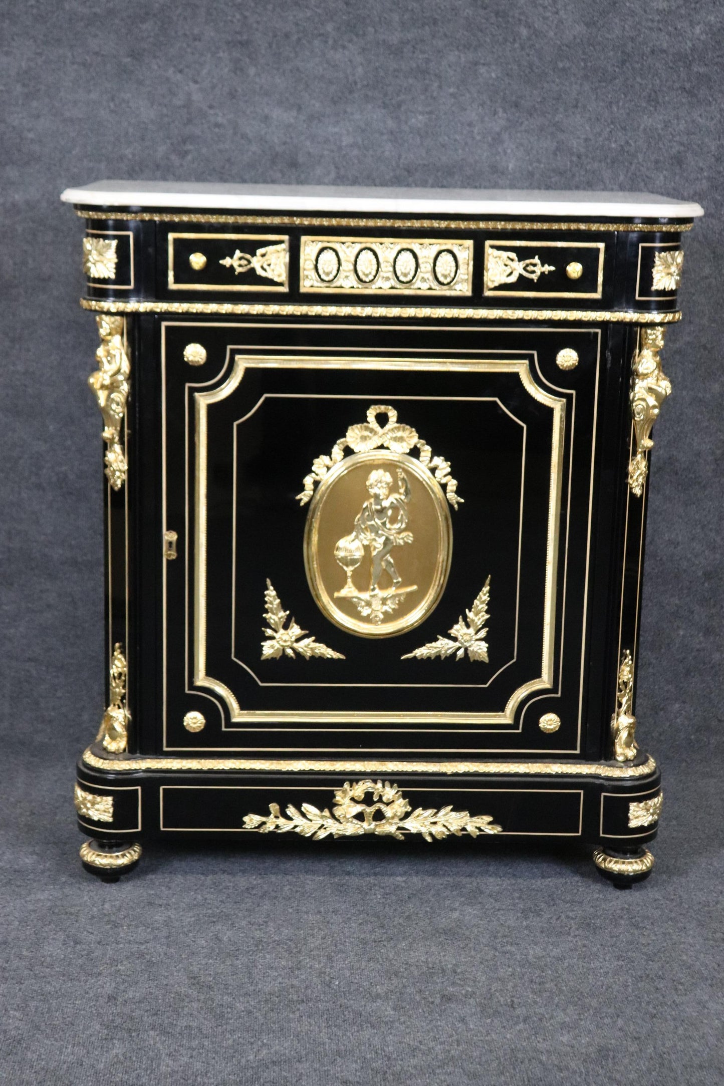 Ebonized Figural Brass Marble Top Napoleonic Side Cabinet Commode