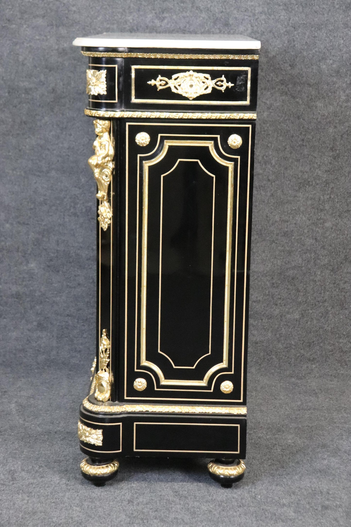 Ebonized Figural Brass Marble Top Napoleonic Side Cabinet Commode