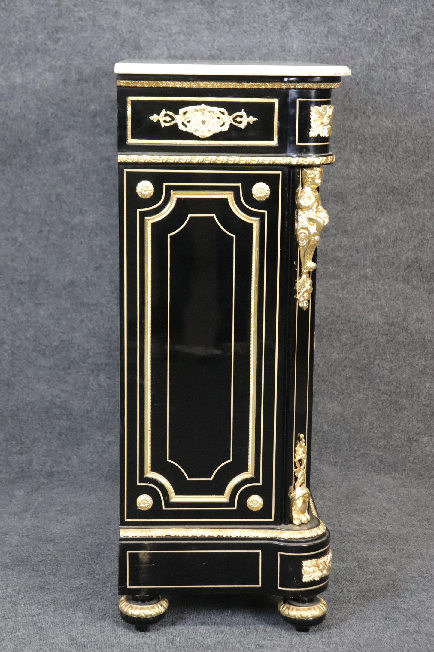 Ebonized Figural Brass Marble Top Napoleonic Side Cabinet Commode