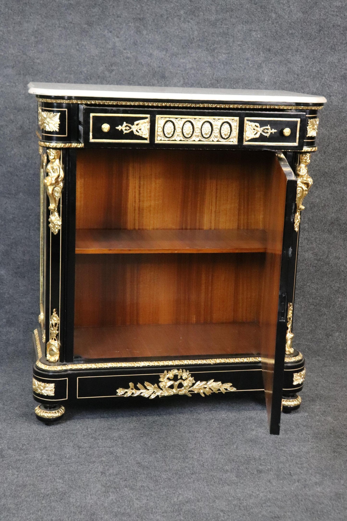 Ebonized Figural Brass Marble Top Napoleonic Side Cabinet Commode