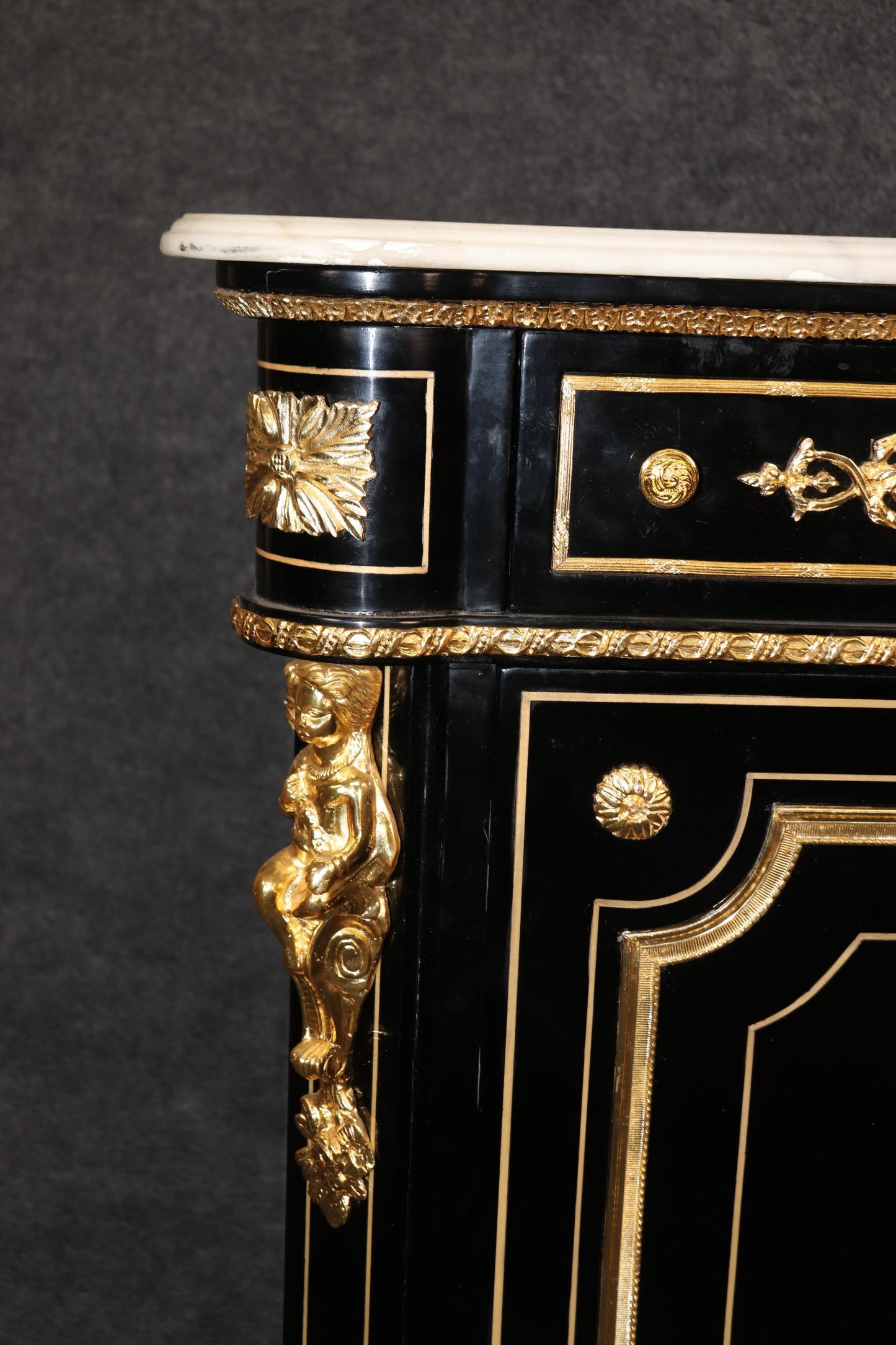 Ebonized Figural Brass Marble Top Napoleonic Side Cabinet Commode