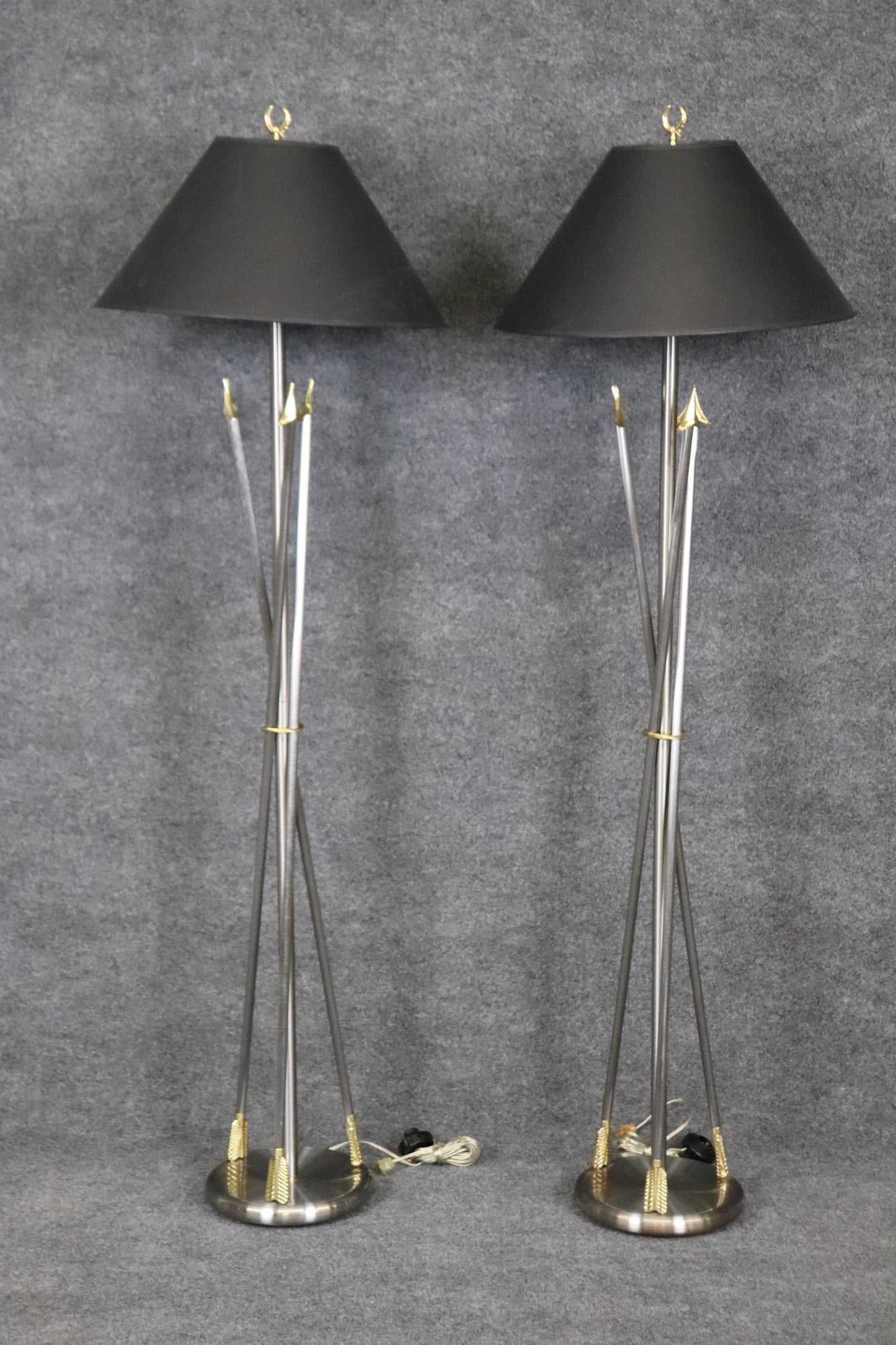 Pair of Maison Jansen Style Brass and Steel Floor Lamps