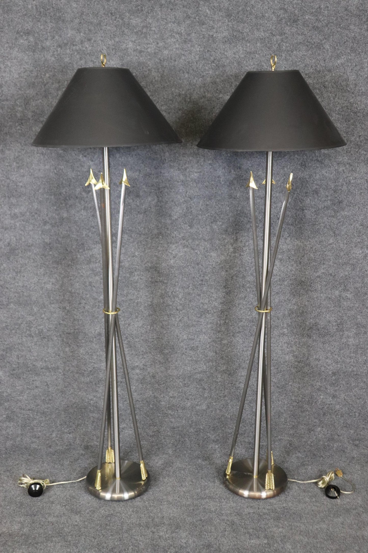 Pair of Maison Jansen Style Brass and Steel Floor Lamps