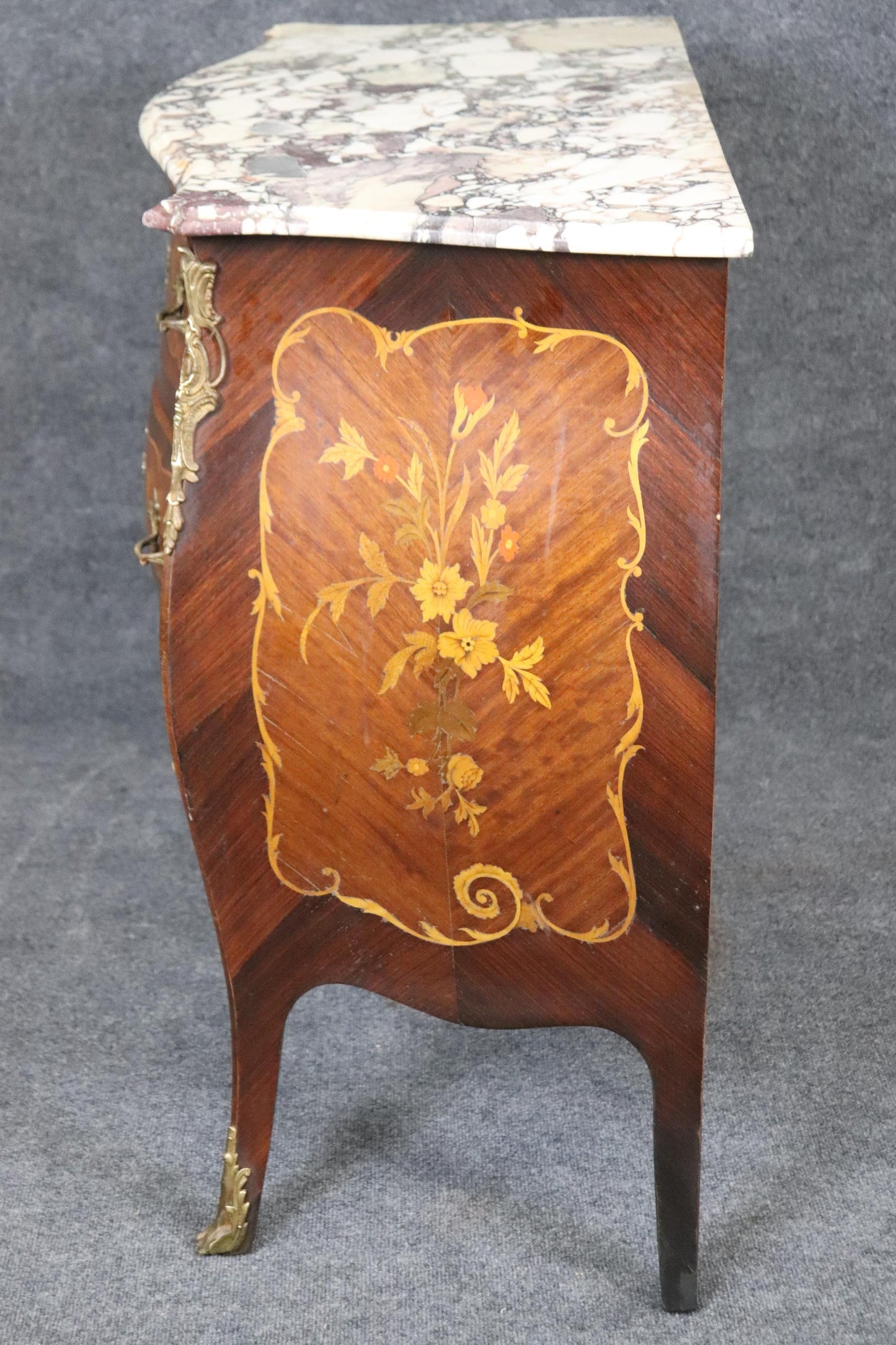 Beautifully Inlaid French Bronze Mounted Marble Top Bombe Commode