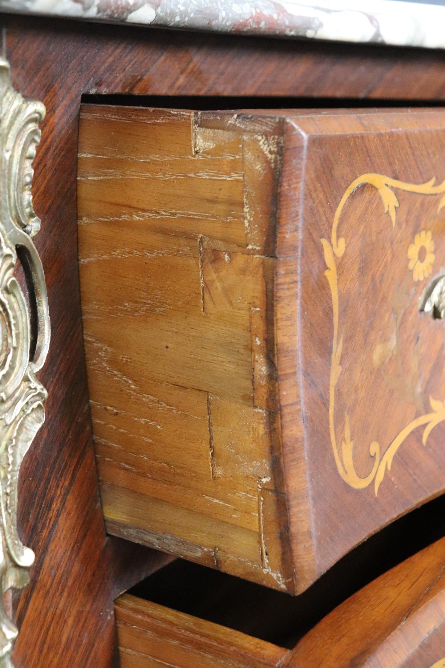 Beautifully Inlaid French Bronze Mounted Marble Top Bombe Commode