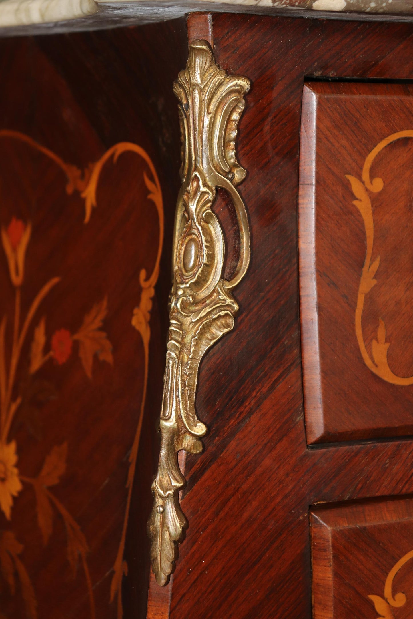 Beautifully Inlaid French Bronze Mounted Marble Top Bombe Commode