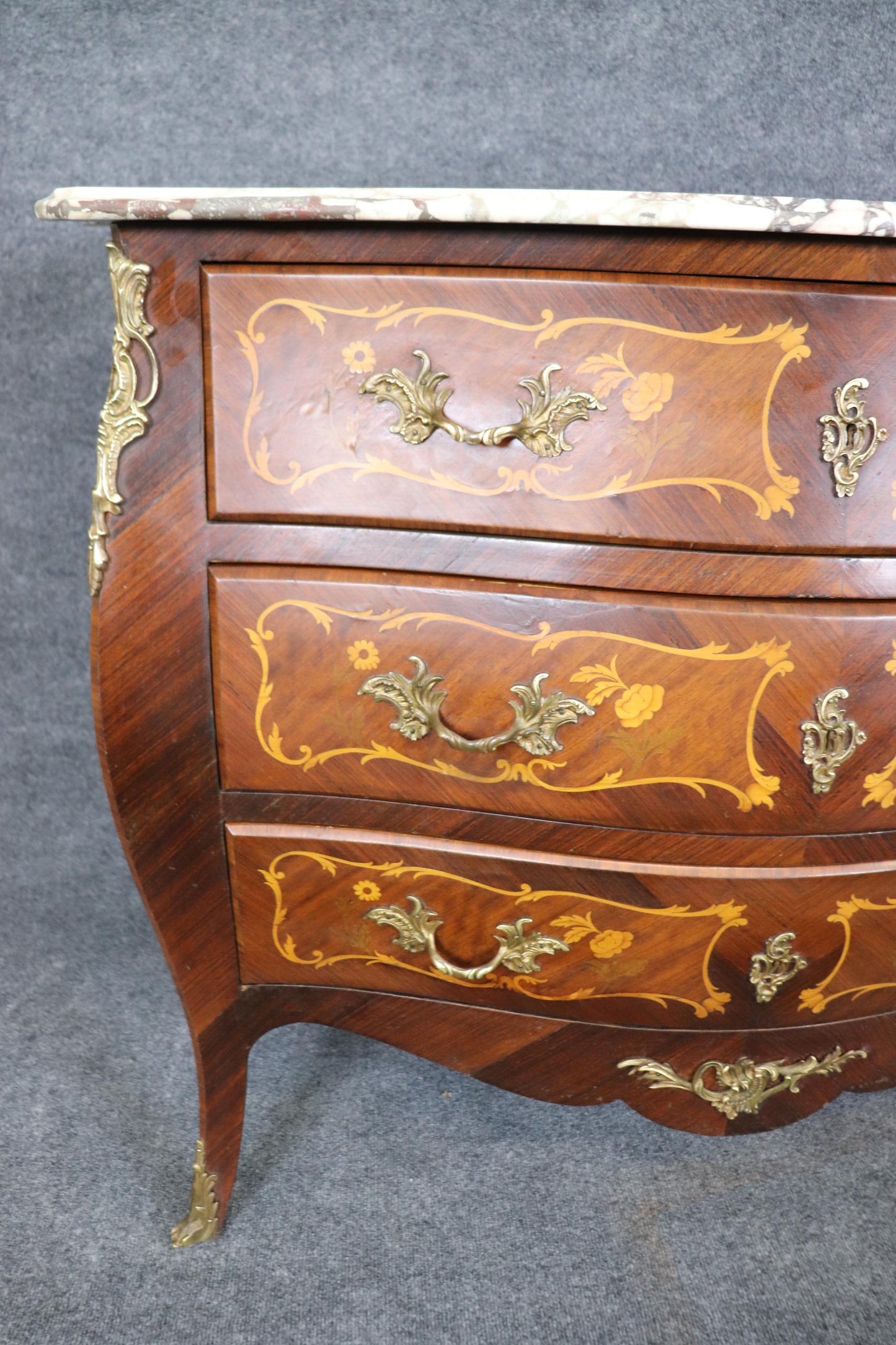 Beautifully Inlaid French Bronze Mounted Marble Top Bombe Commode