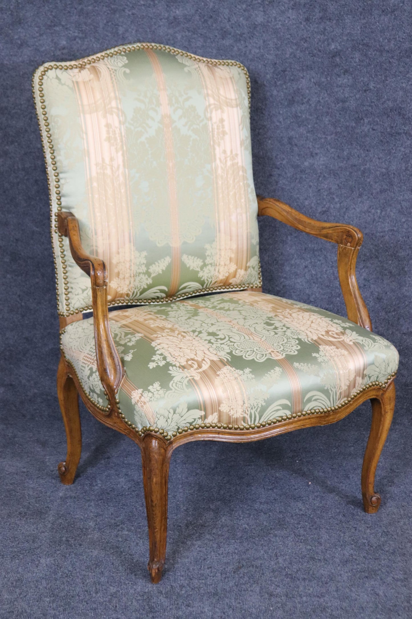 Gorgeous Pair Silk Damask Upholstered French Louis XV Style Armchairs