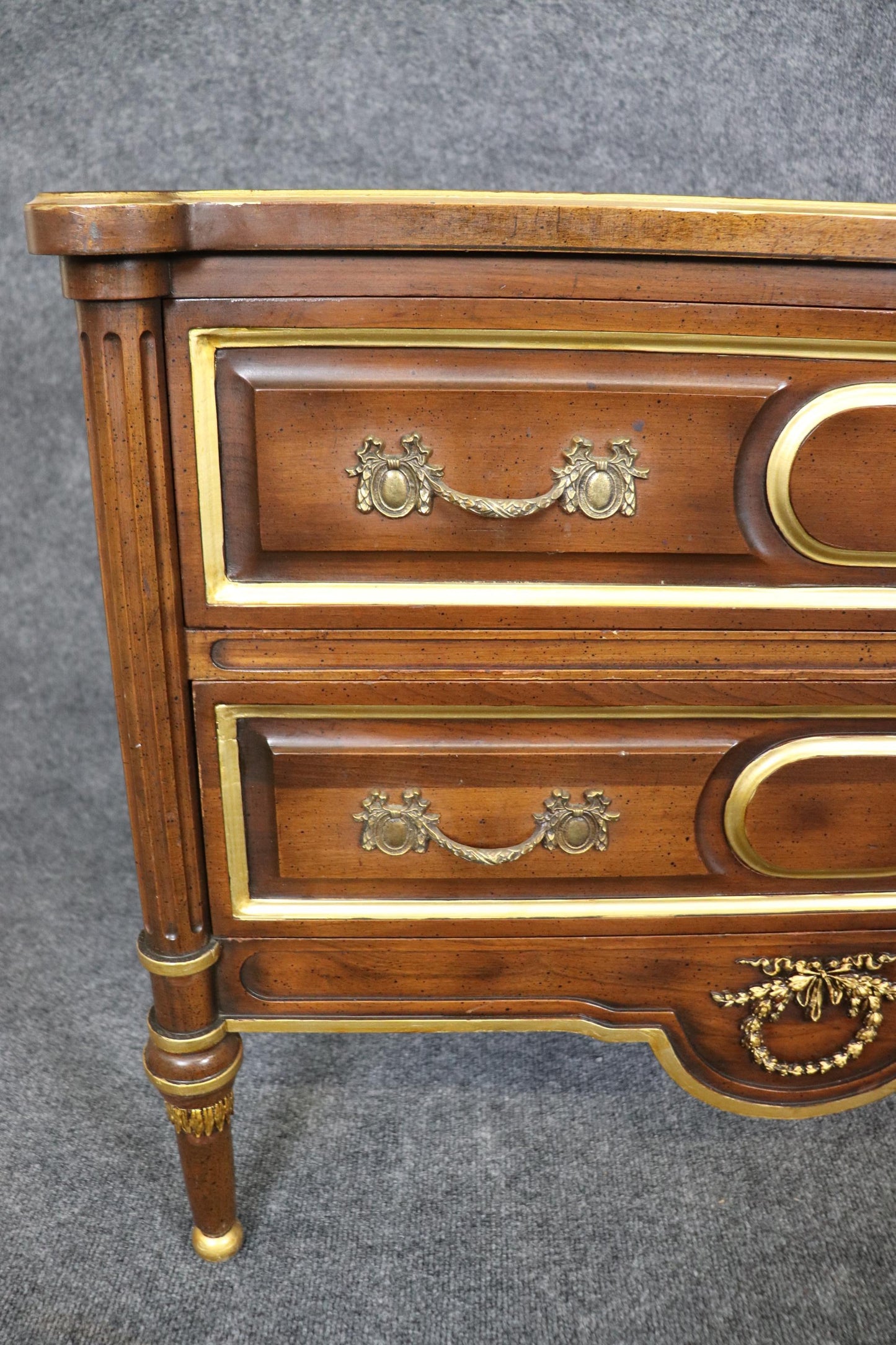 Pair of Superb Quality French Louis XVI Style Walnut and Brass Nightstands