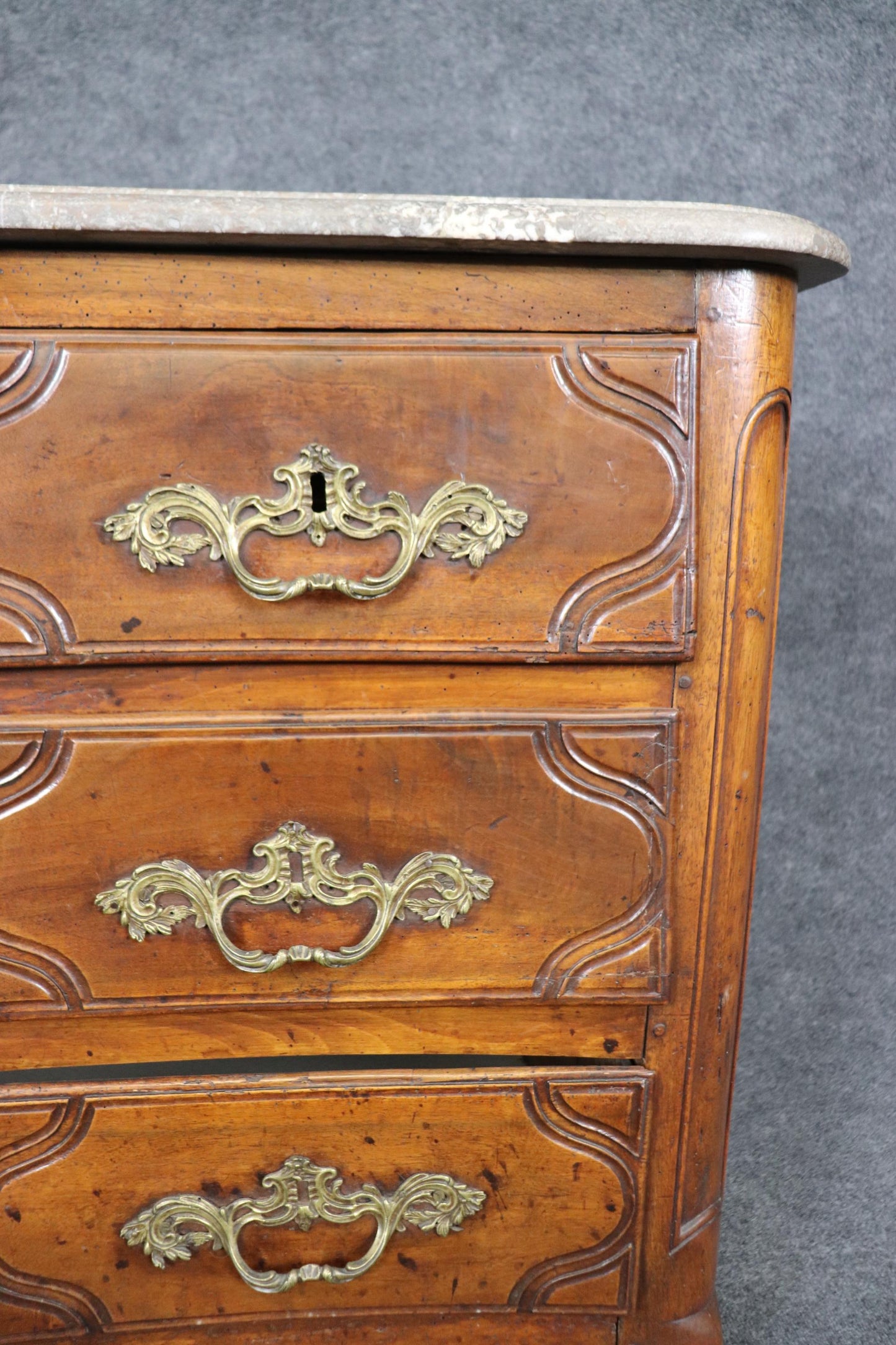 Period French Louis XV Walnut Marble Top Bronze Mounted Commode