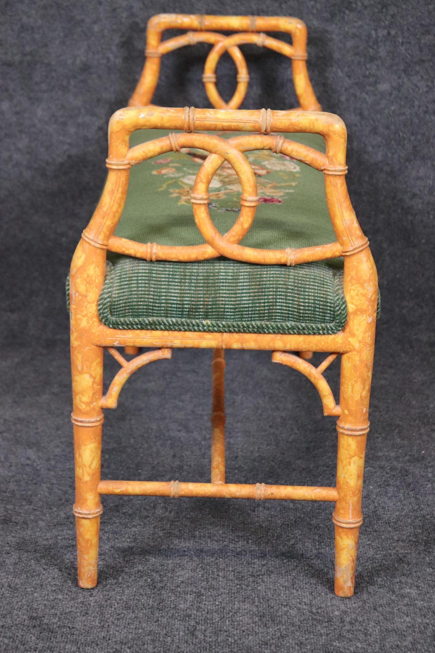 Faux Bamboo Paint Decorated Window Bench Stool with Needlepoint Upholstery