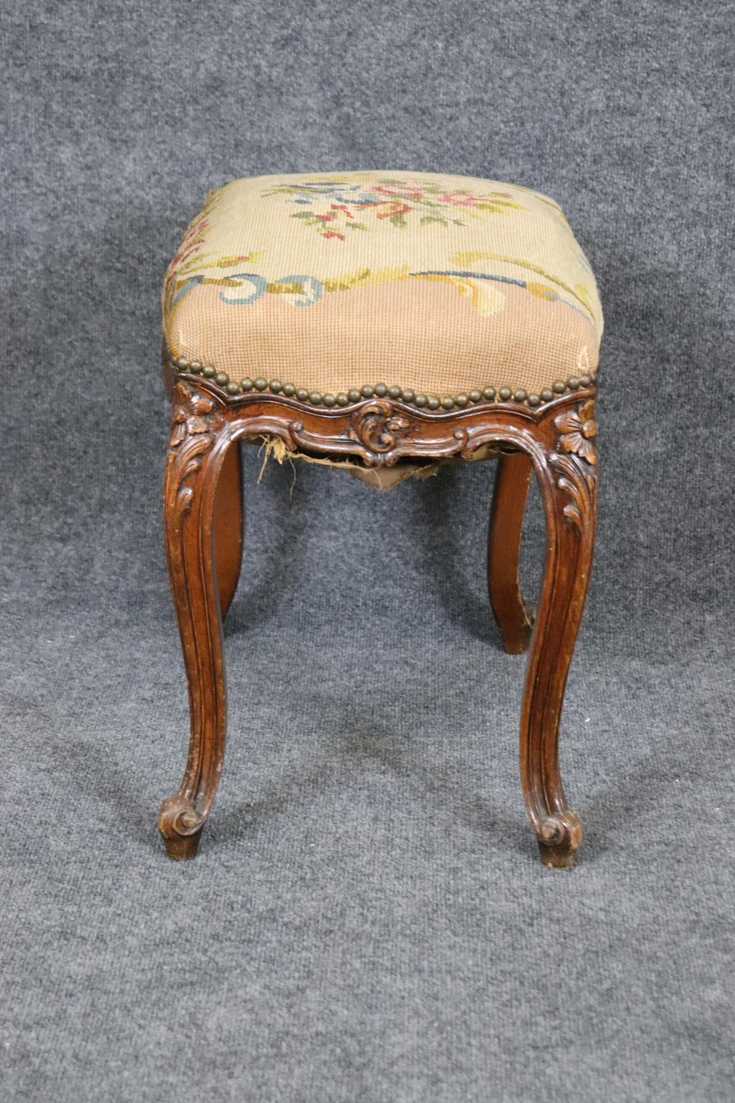 French Louis XV Carved Walnut Distressed Antique Needlepoint Upholstered Stool