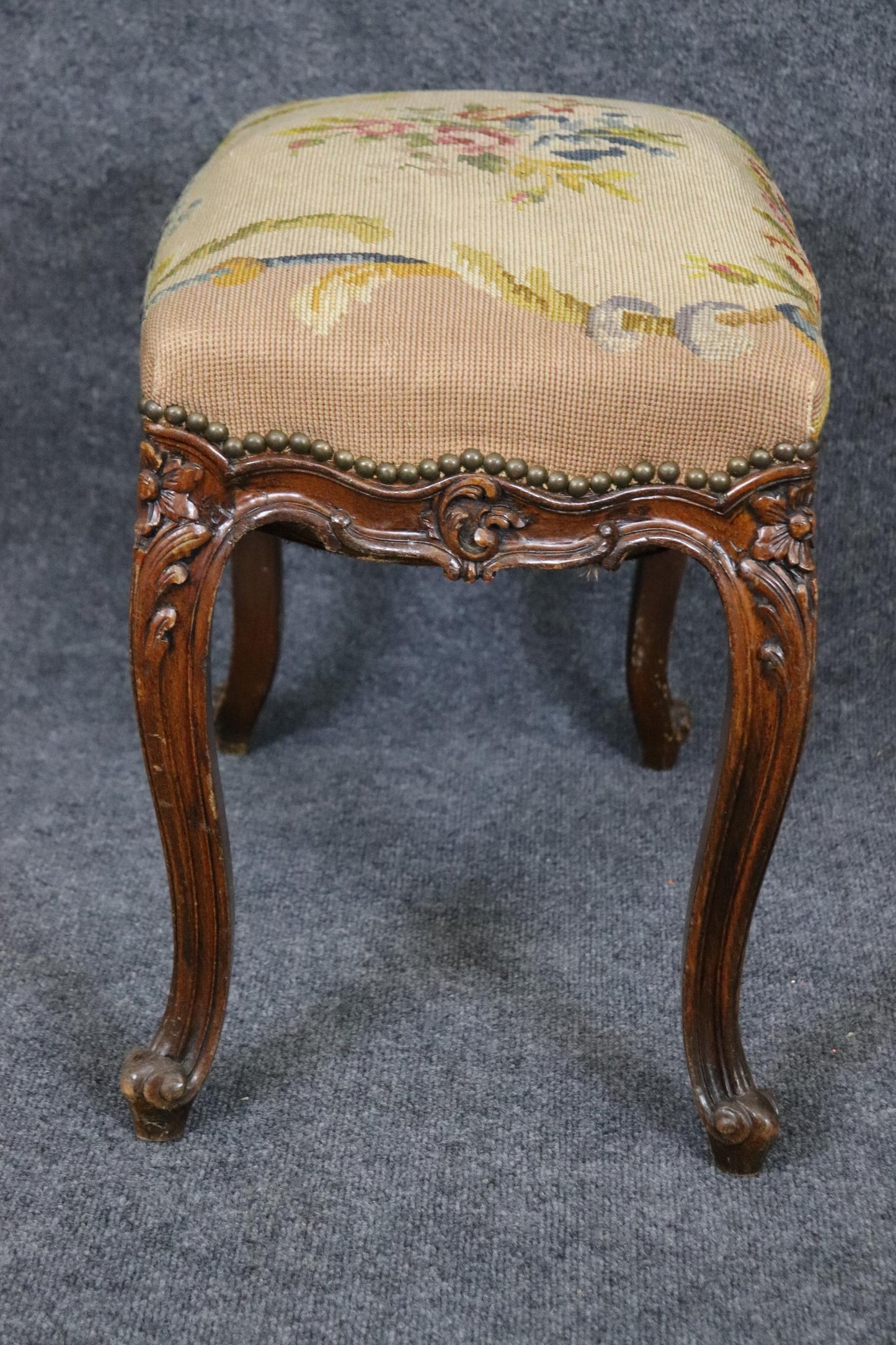 French Louis XV Carved Walnut Distressed Antique Needlepoint Upholstered Stool