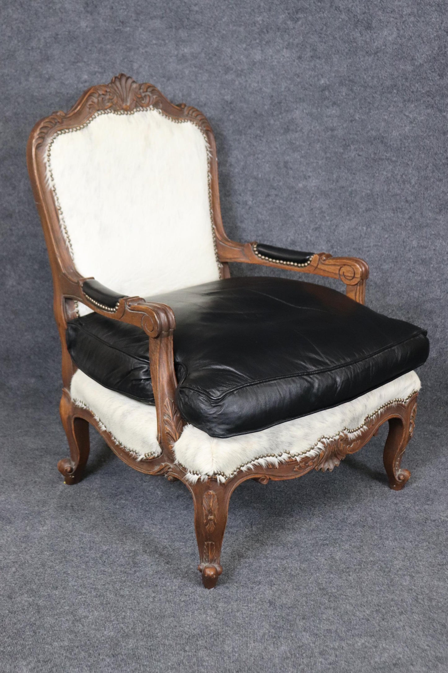 Pair Custom Cowhide and Smooth Black Leather French Louis XV Bergere Chairs