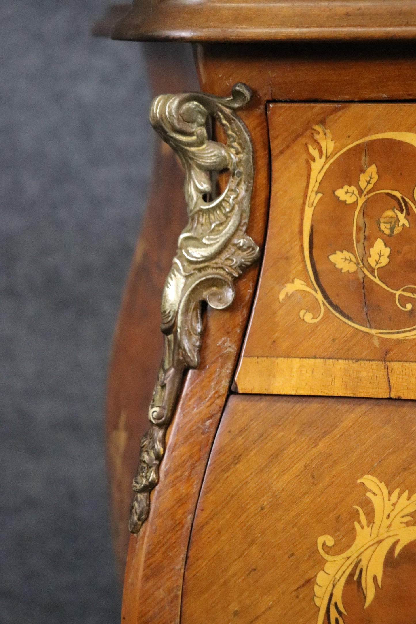 Highly Decorated Bronze Mounted Inlaid Fancy Italian Bombe Form Commode Chest