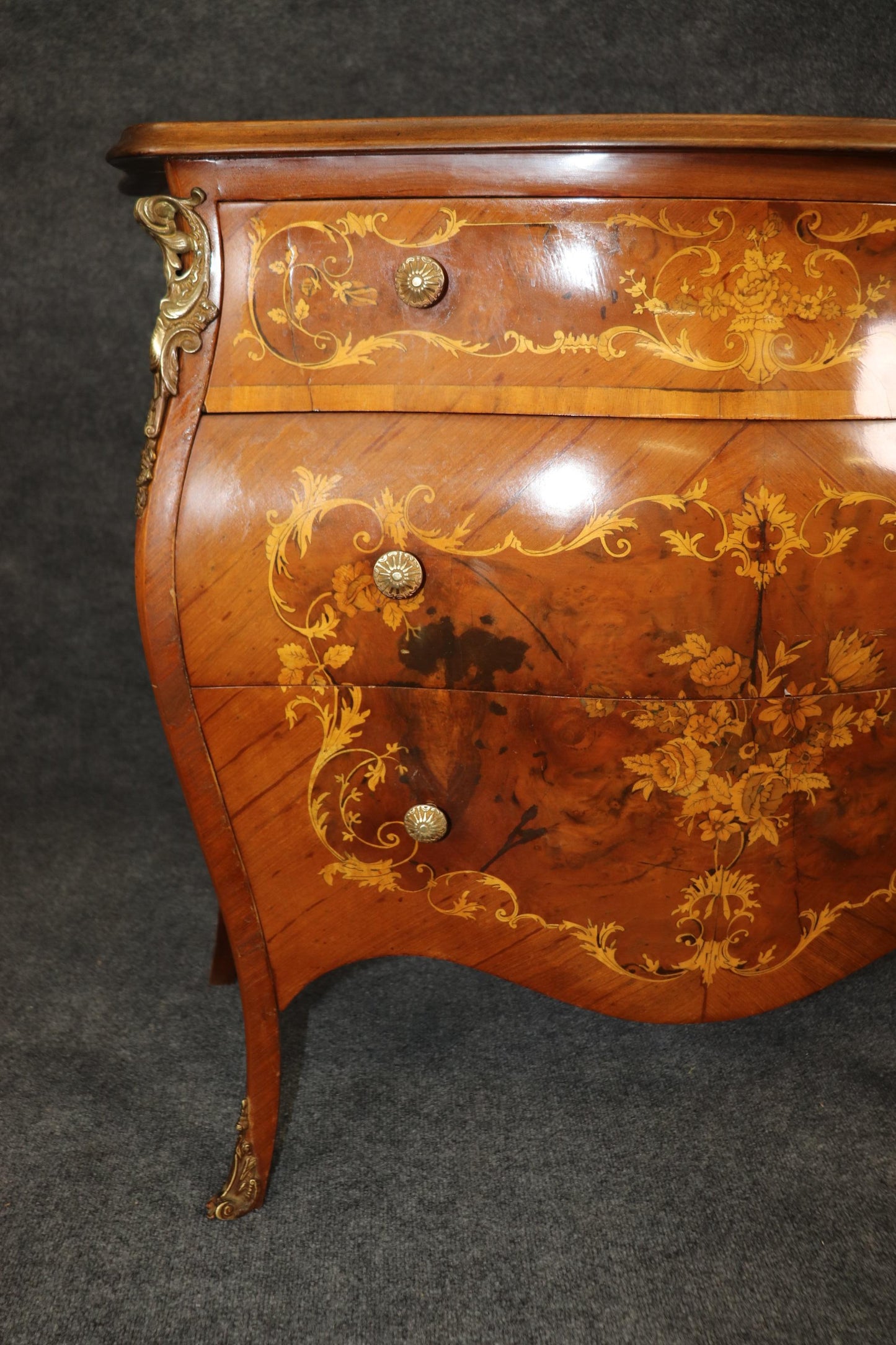 Highly Decorated Bronze Mounted Inlaid Fancy Italian Bombe Form Commode Chest