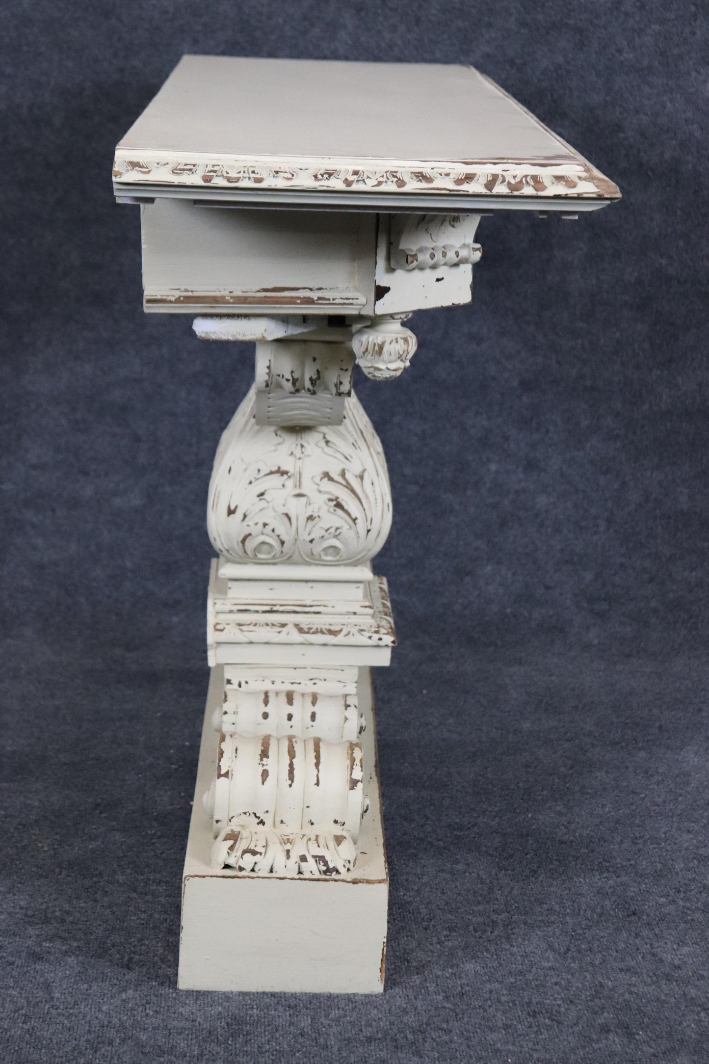 Pair of Distressed White Painted Carved Jacobean Style Console Tables